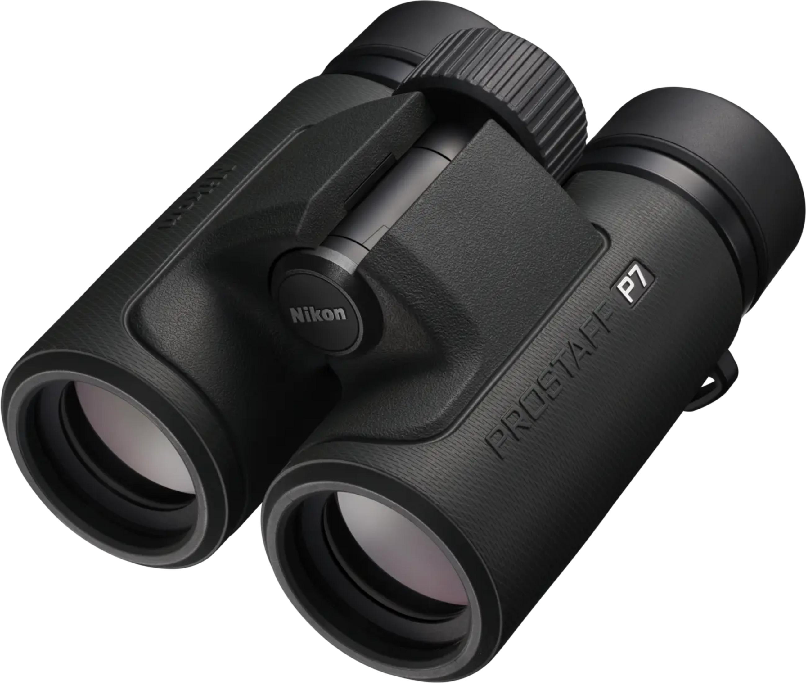 Binoculares Nikon Prostaff P7 negros con rueda de enfoque y lentes objetivos.