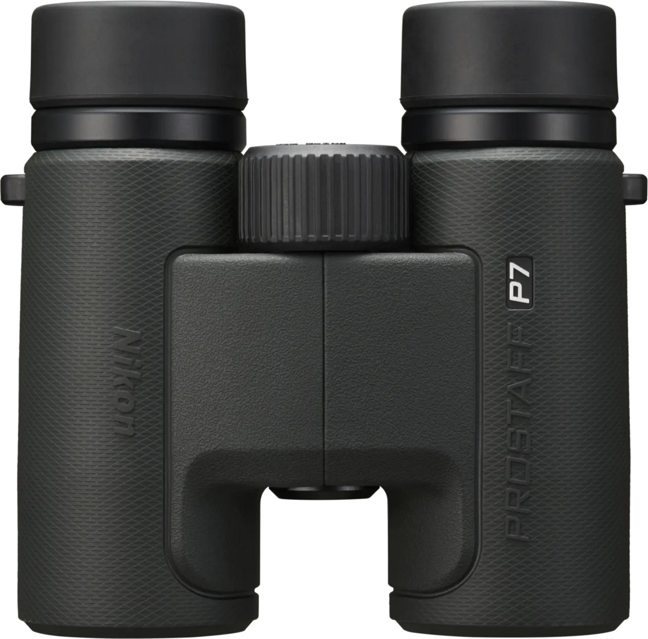 Binoculares Nikon Prostaff P7 negros con agarre texturizado y rueda de enfoque.