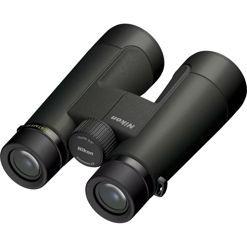 Prismáticos Nikon 10x50 negros con rueda de enfoque y etiqueta 'Waterproof'.
