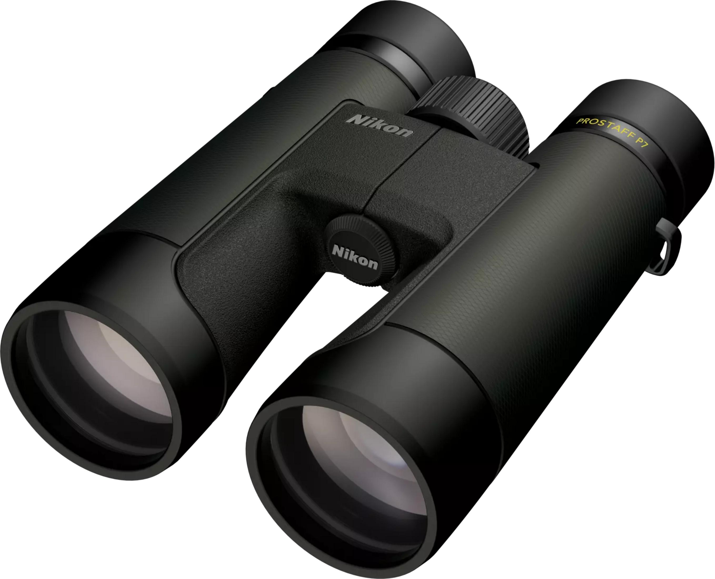 Prismáticos Nikon Prostaff P7 negros con rueda de enfoque y logo Nikon.