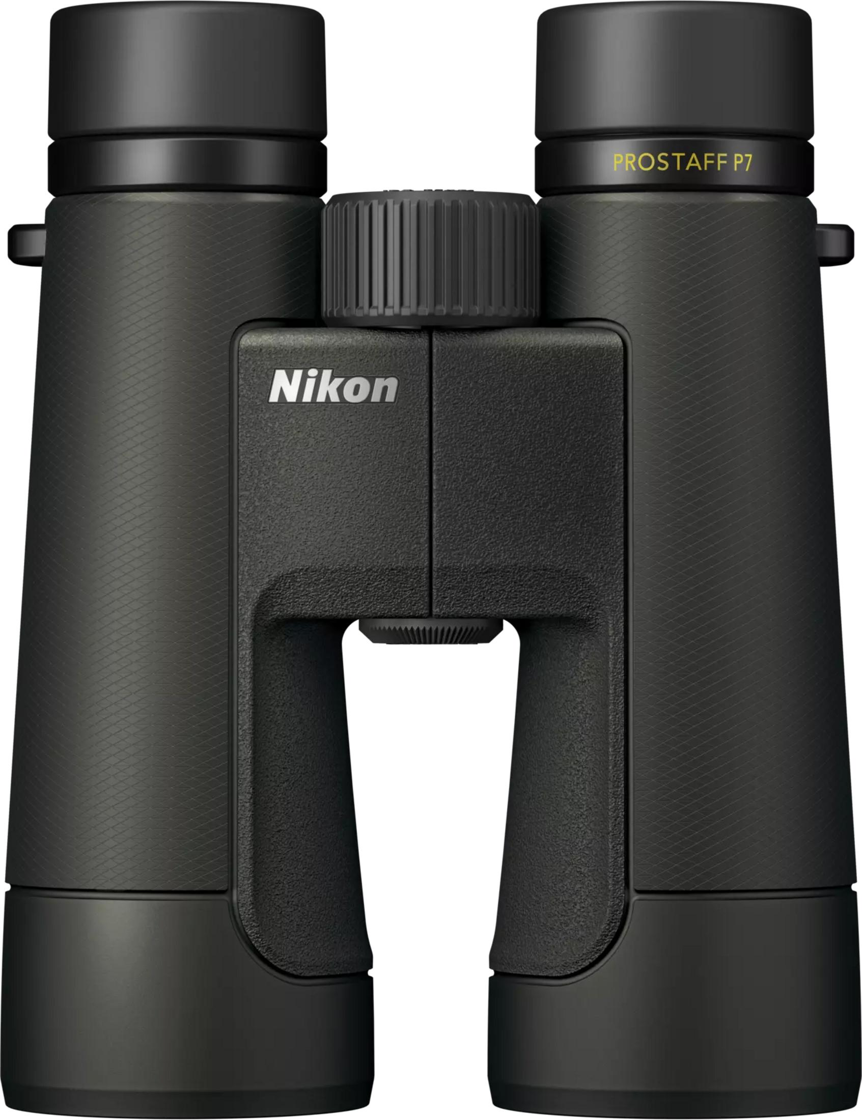 Prismáticos Nikon Prostaff P7 negros con rueda de enfoque y anillas.