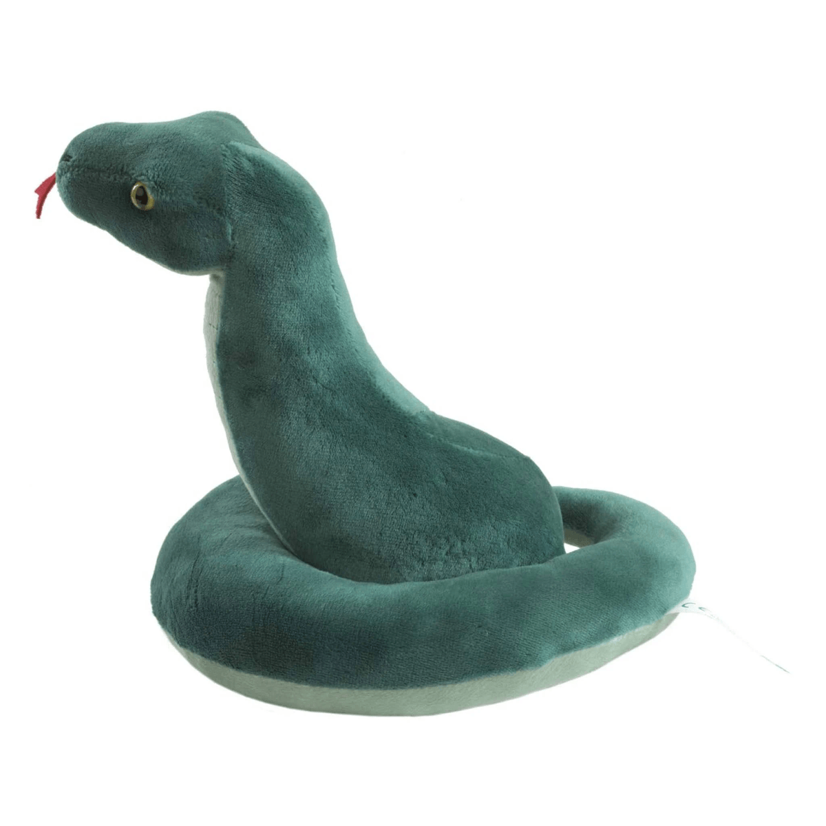 Un peluche de serpiente verde con la lengua roja afuera.