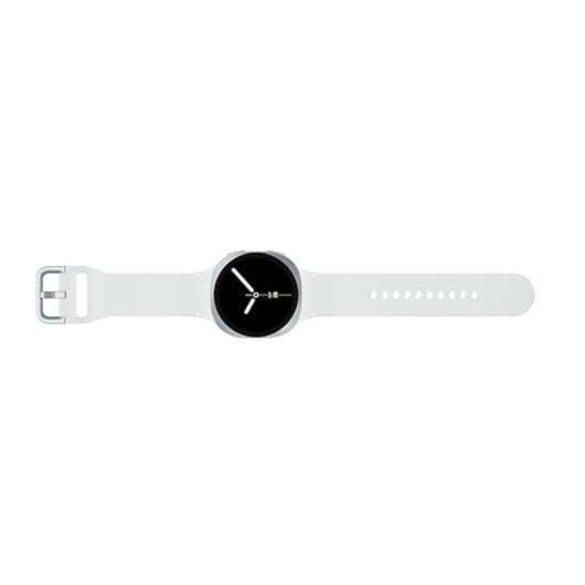 Uno smartwatch bianco con quadrante nero e fibbia argentata.