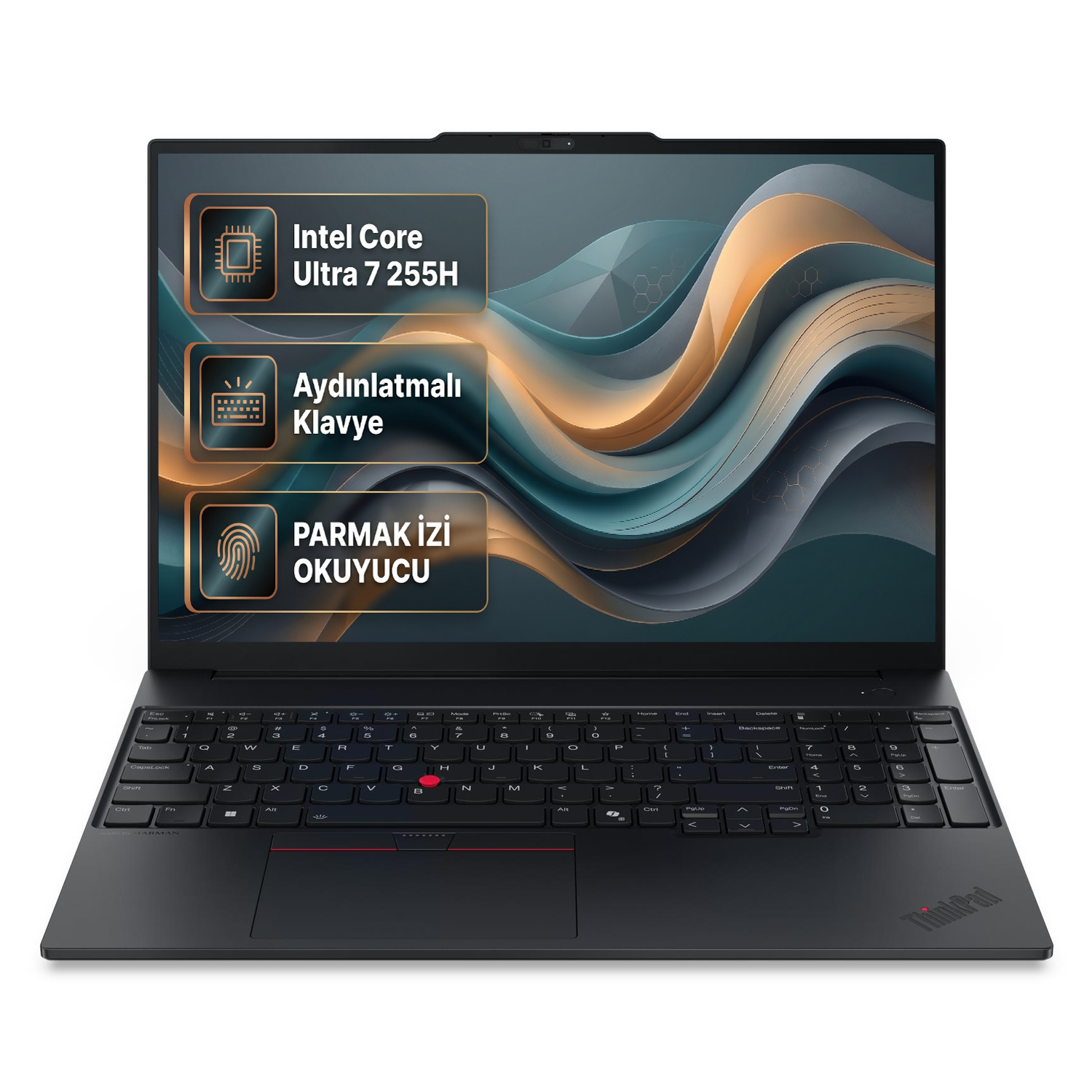 Intel Core Ultra 7, aydınlatmalı klavyeli ve parmak izi okuyuculu siyah dizüstü.