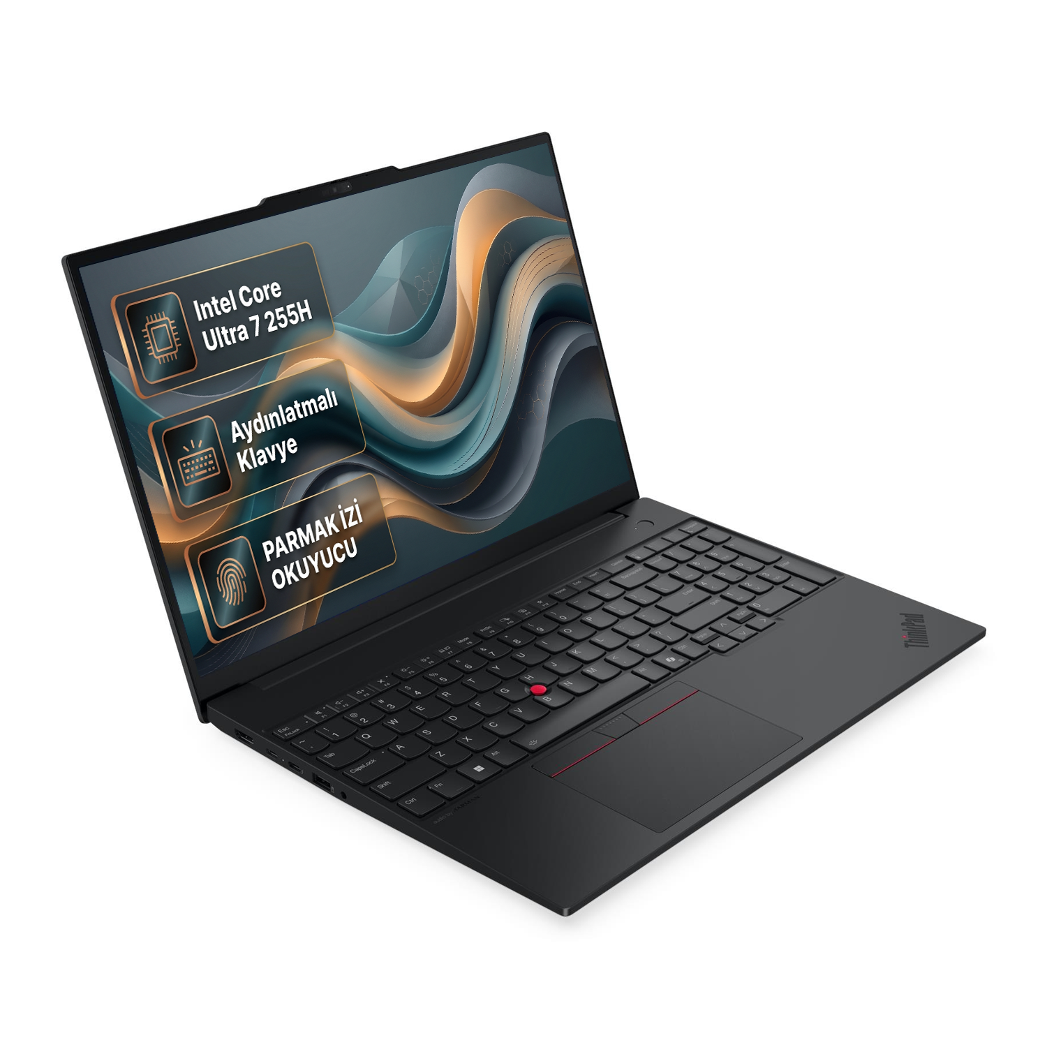 Intel Core Ultra 7 işlemcili, aydınlatmalı klavyeli, parmak izi okuyuculu siyah dizüstü bilgisayar.