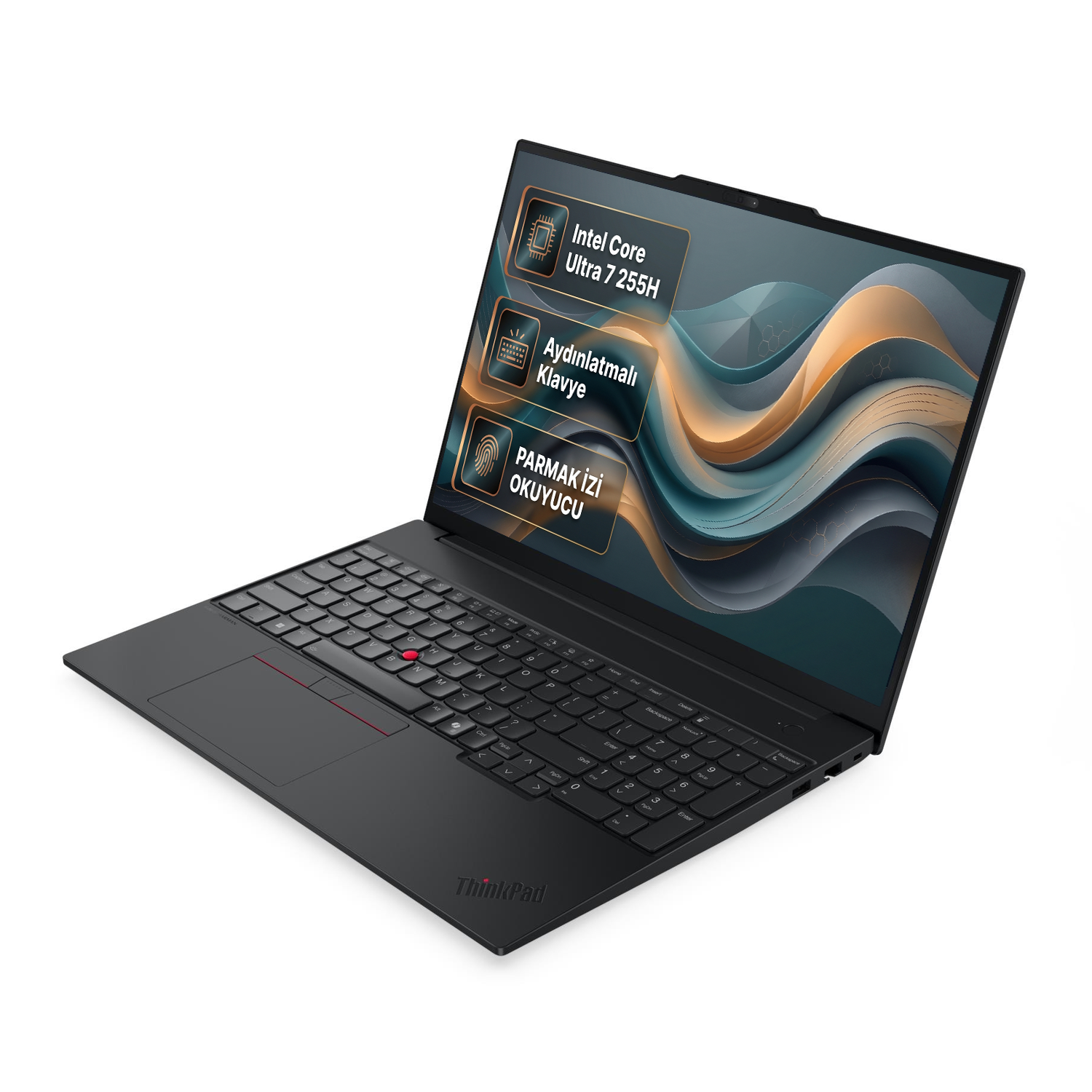Intel Core Ultra 7 255H, arkadan aydınlatmalı klavyeli, parmak izi okuyuculu siyah Lenovo ThinkPad dizüstü.