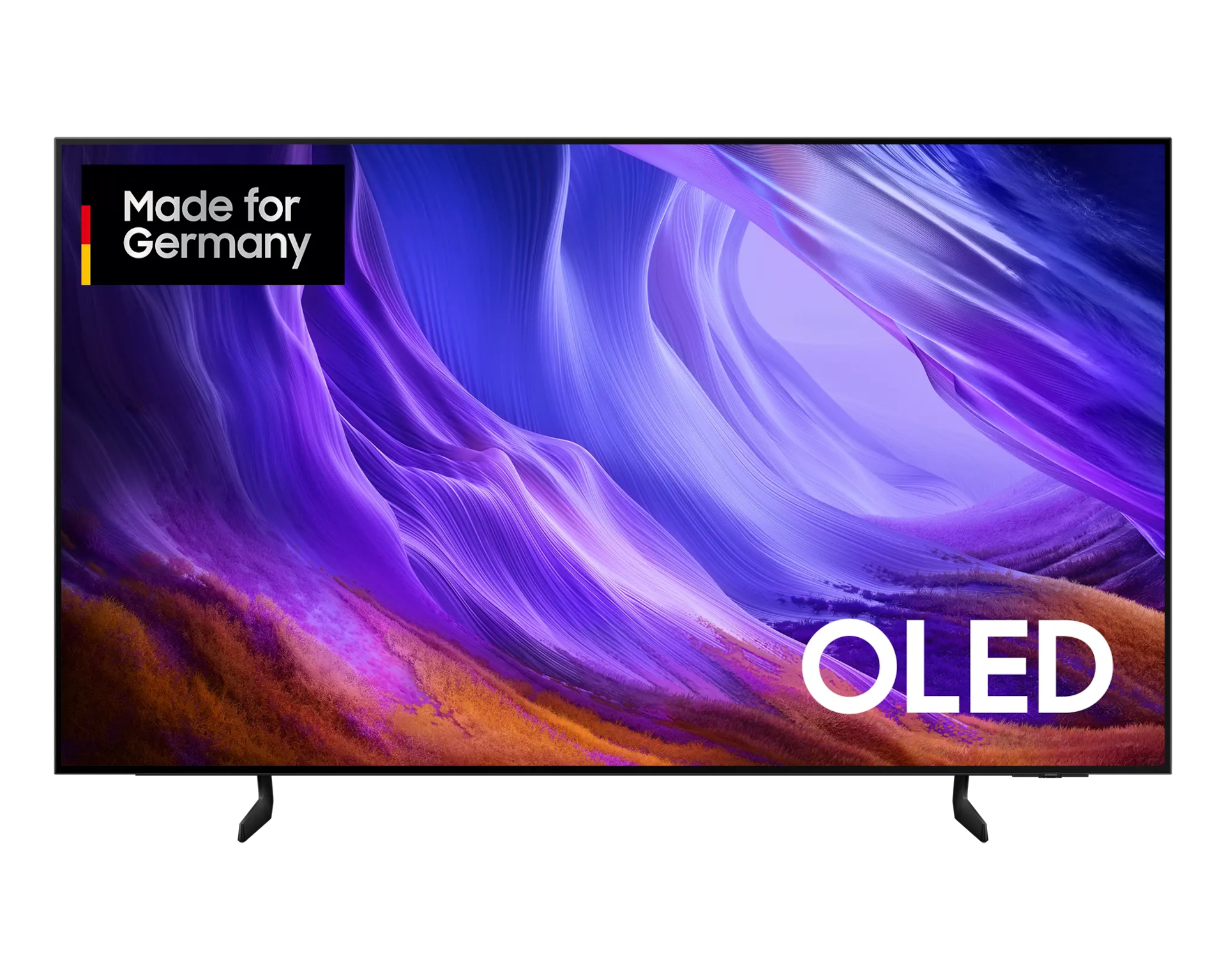 Ein schwarzer OLED-Fernseher mit dem Schriftzug 'Made for Germany' und einem farbenfrohen Hintergrund.