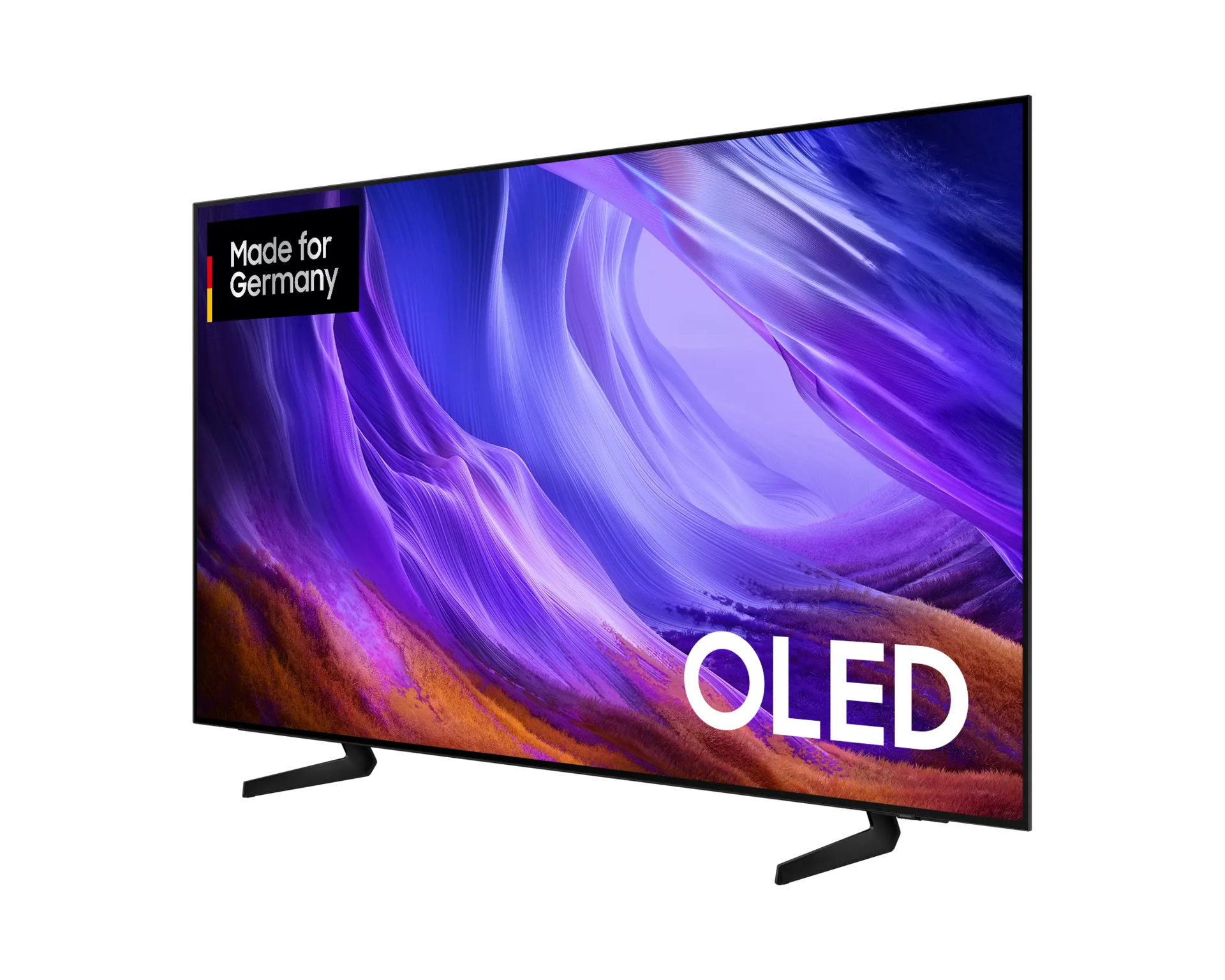 Ein schwarzer Fernseher mit einem abstrakten Bildschirmschoner und dem Schriftzug OLED.
