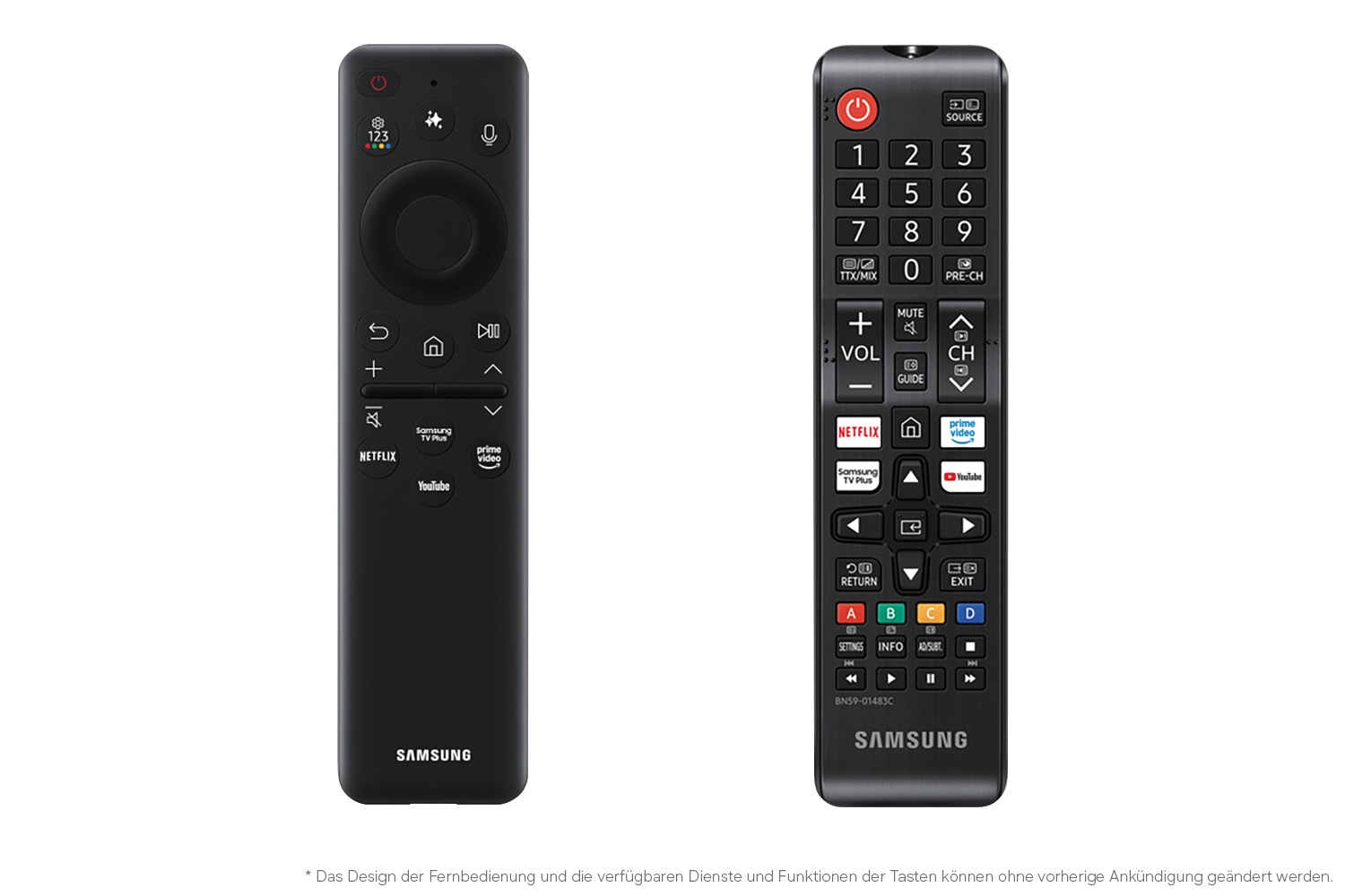 Zwei schwarze Samsung TV-Fernbedienungen nebeneinander, mit Tasten und Logos.