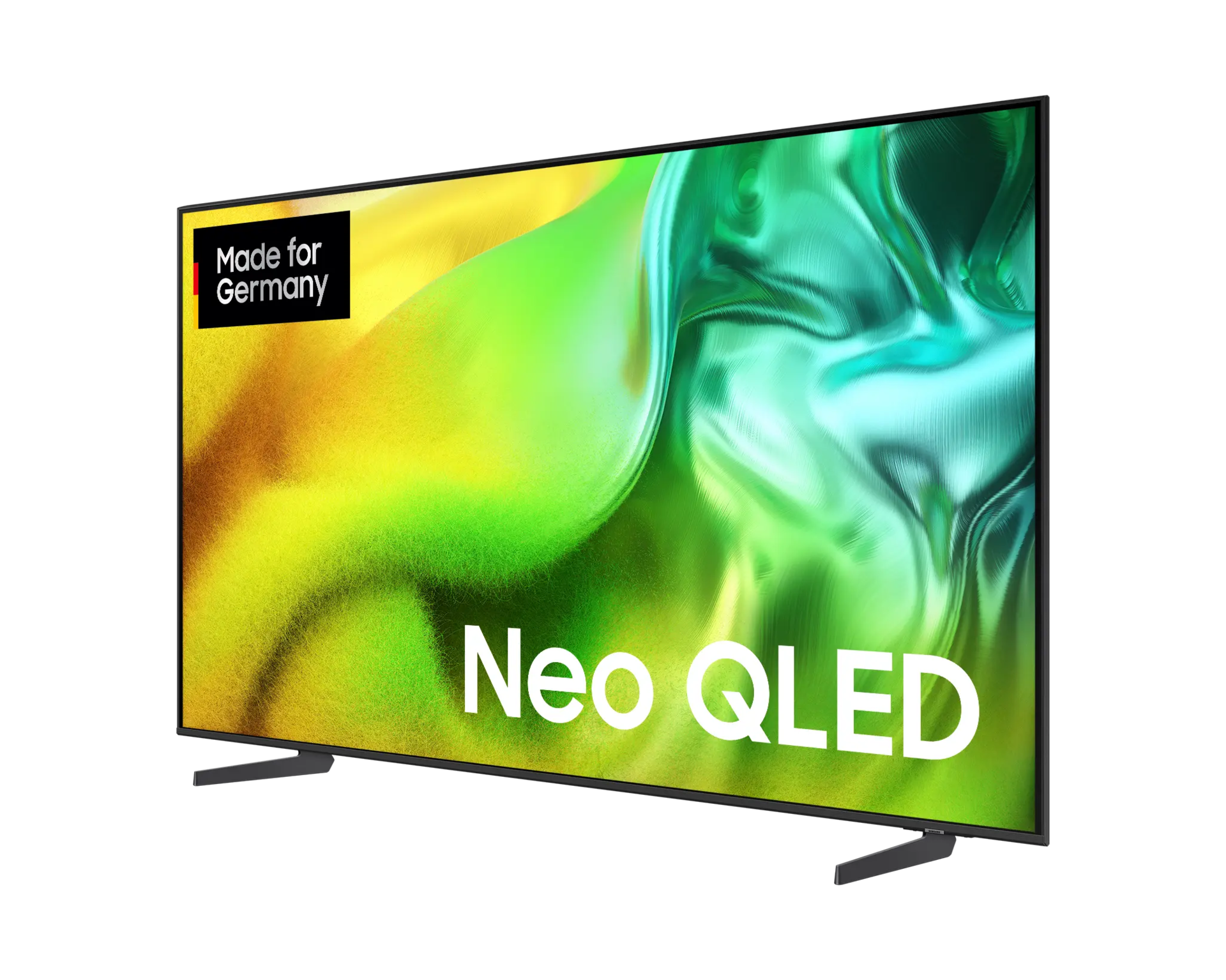 Ein schwarzer Fernseher mit dem Logo „Made for Germany“ und „Neo QLED“.