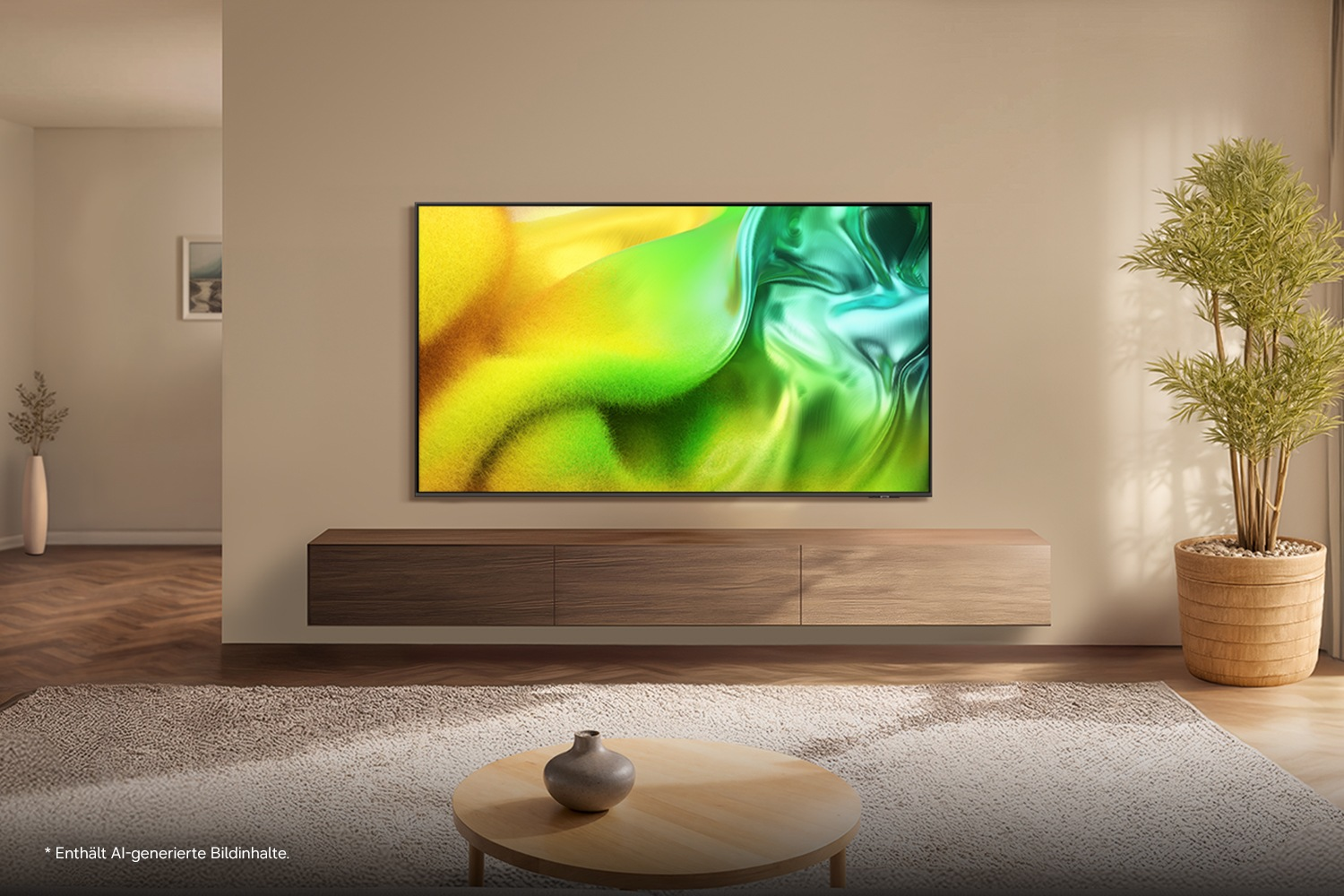 Ein moderner Wohnraum mit einem großen Fernseher, der ein abstraktes Bild zeigt.
