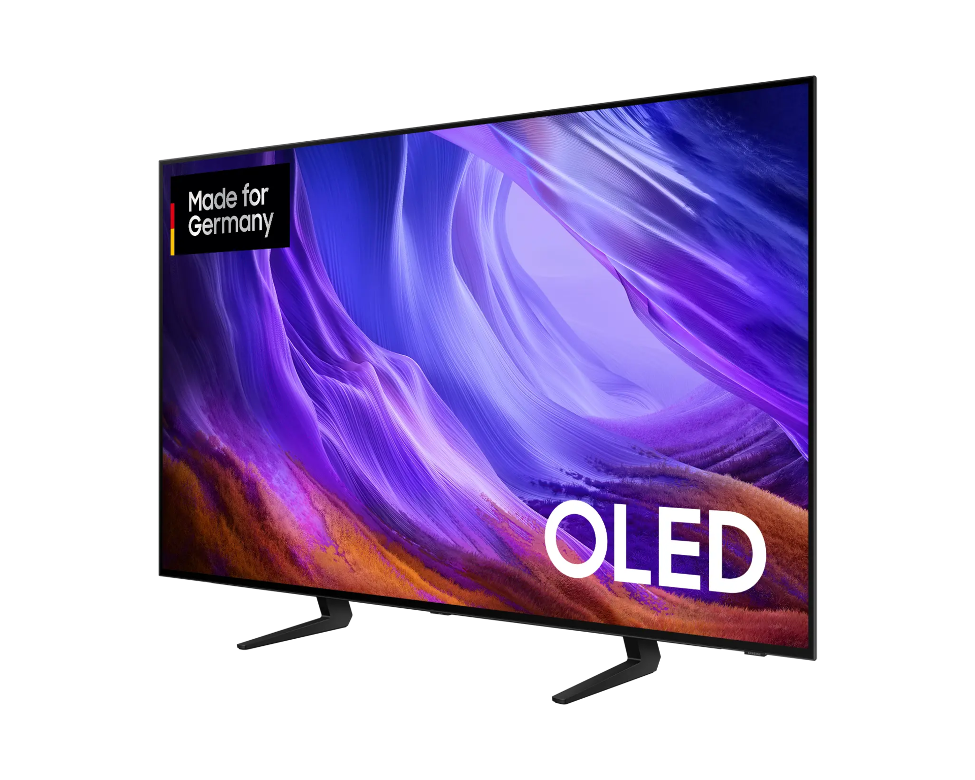 Ein OLED-Fernseher mit einer "Made for Germany"-Plakette und einem bunten Hintergrund.