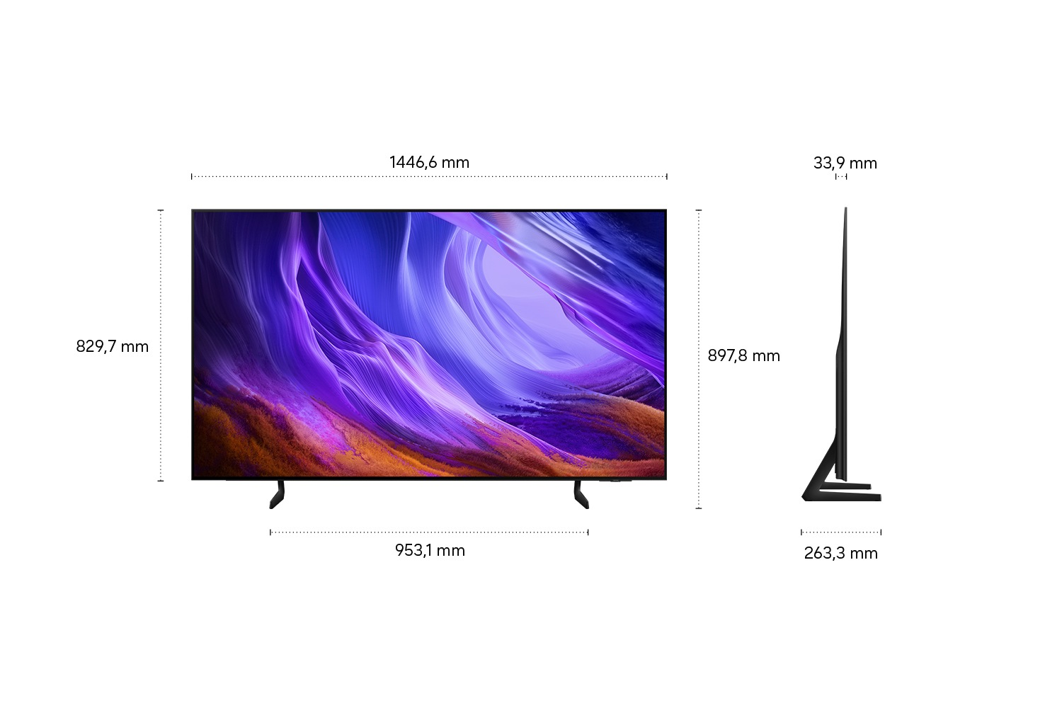 Flachbildfernseher mit violettem und orangem Bildschirmschoner. Maße angegeben.