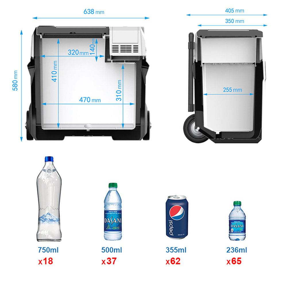 Boyutlar ve şişe boyutları ile bir soğutucu: 750ml, 500ml, 355ml, 236ml.