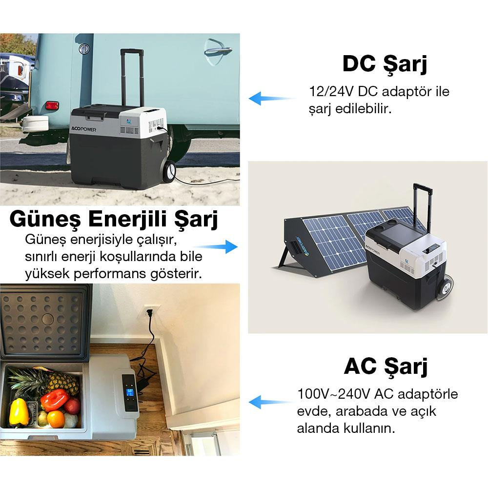 Güneş enerjili, DC ve AC şarj seçenekli soğutucu, meyveler.