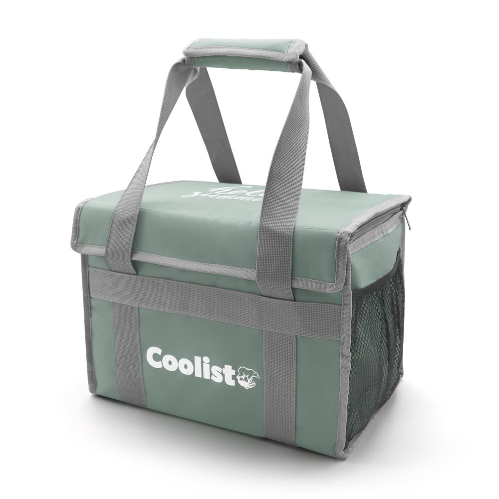 Gri askılı ve beyaz "Coolist" logolu yeşil soğutucu çanta.