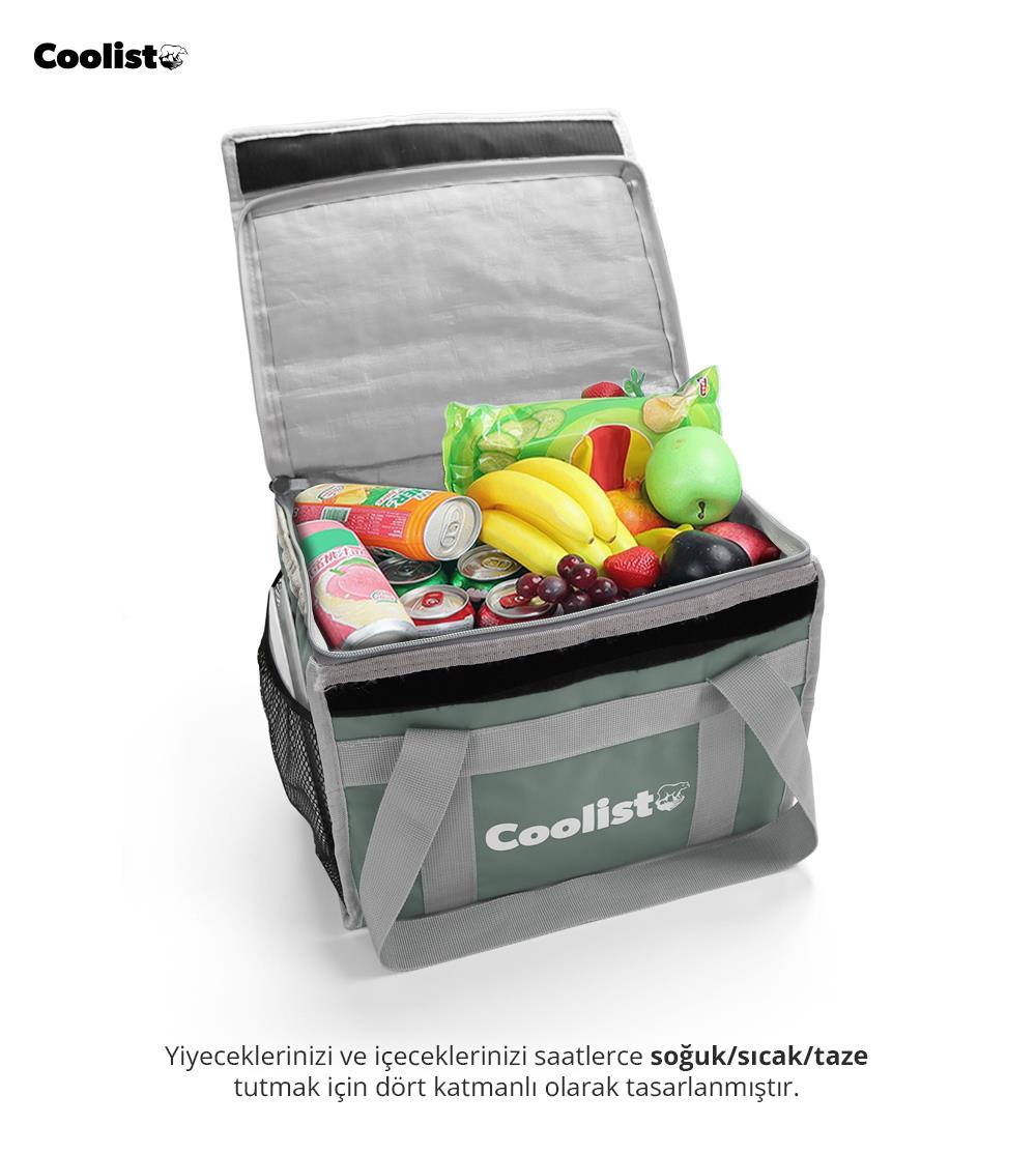 Meyve, sebze ve içeceklerle dolu yeşil soğutucu çanta.