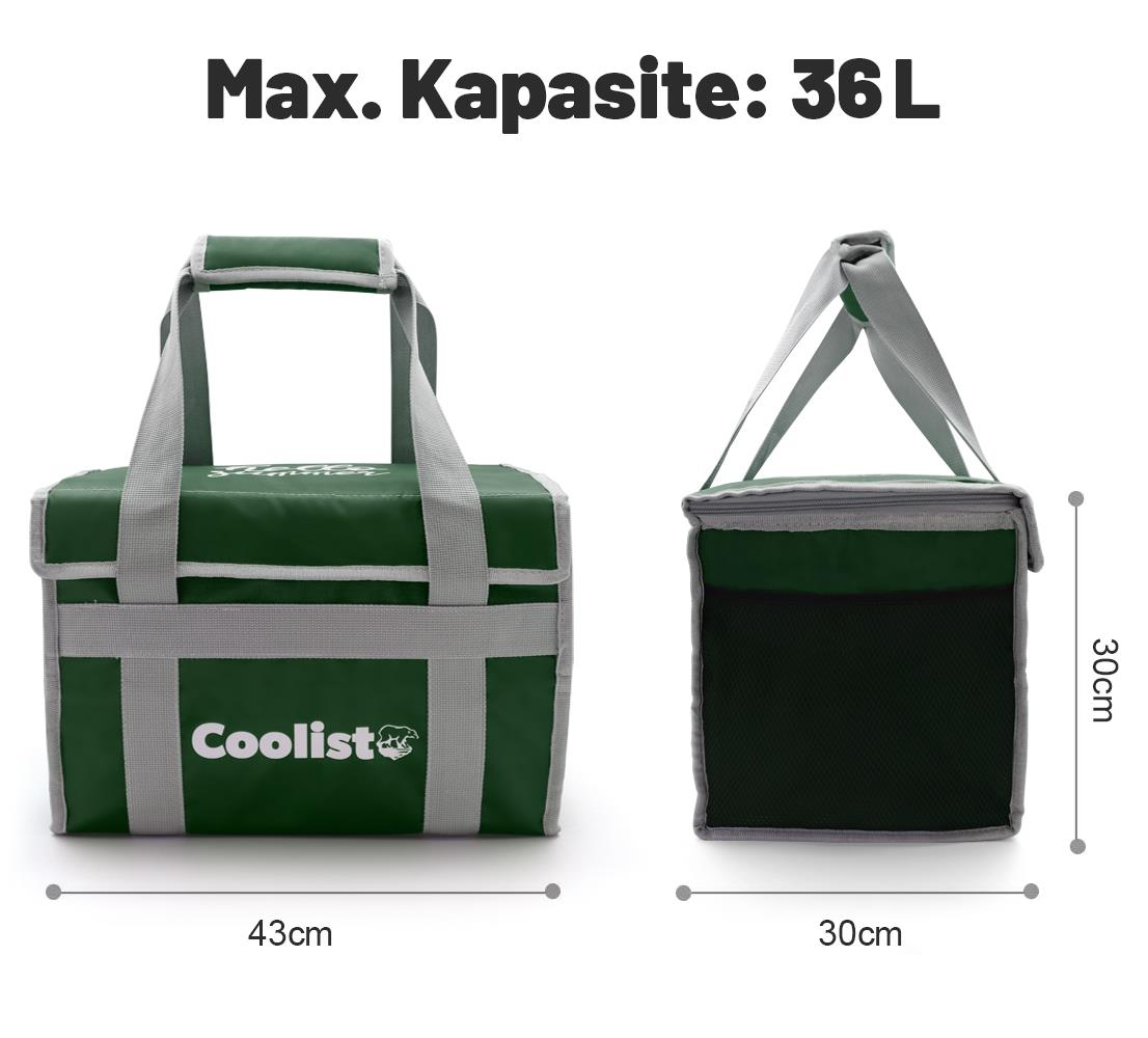 Yeşil kulplu soğutucu çanta, boyutları 43x30x30cm, kapasitesi 36L.