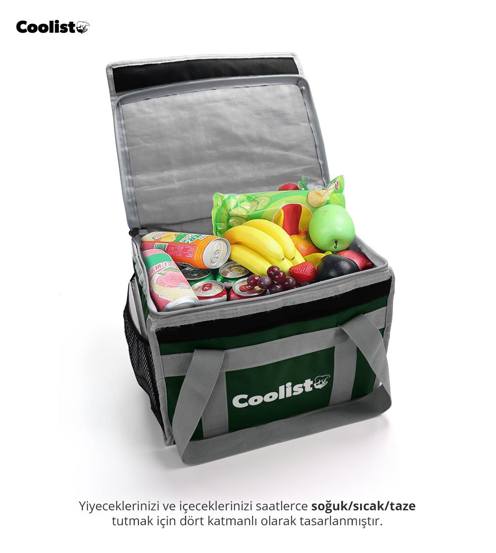 Meyve, sebze ve içecek kutularıyla dolu yeşil soğutucu çanta.