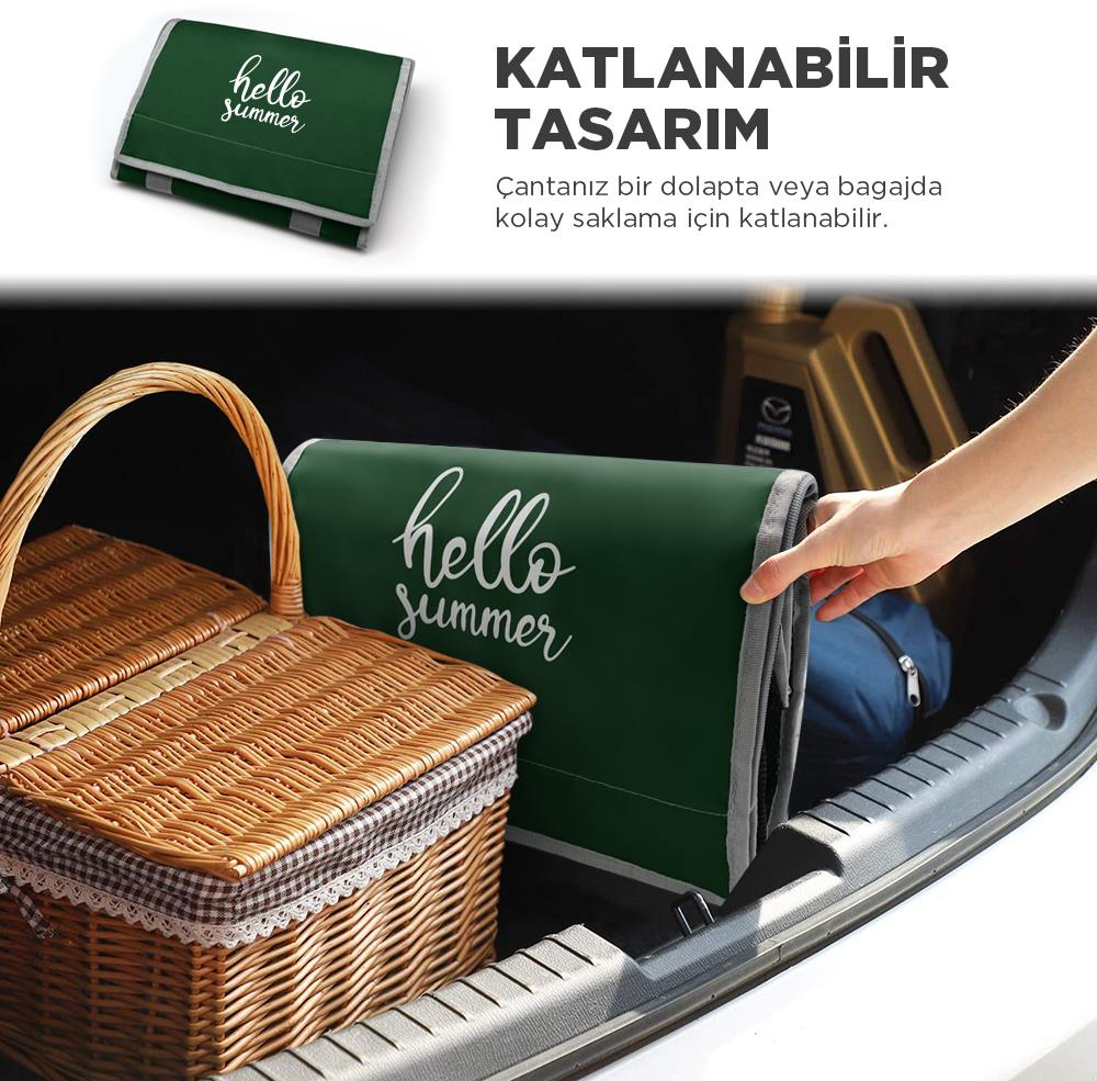 Araba bagajında, sepetin yanında "hello Summer" yazılı yeşil çanta.