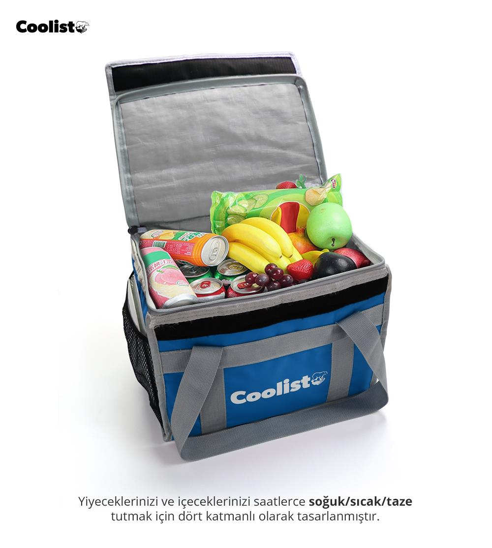 Meyve, içecek ve atıştırmalıklarla dolu mavi soğutucu çanta.