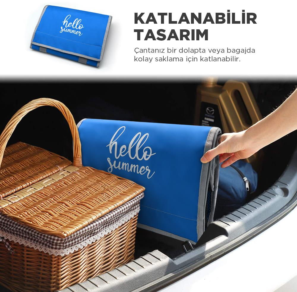 Bagajda piknik sepetinin yanında "hello summer" yazılı mavi çanta.