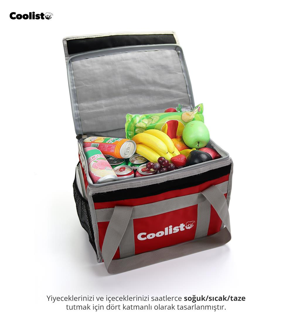 Meyve, içecek ve atıştırmalıklarla dolu kırmızı soğutucu çanta.