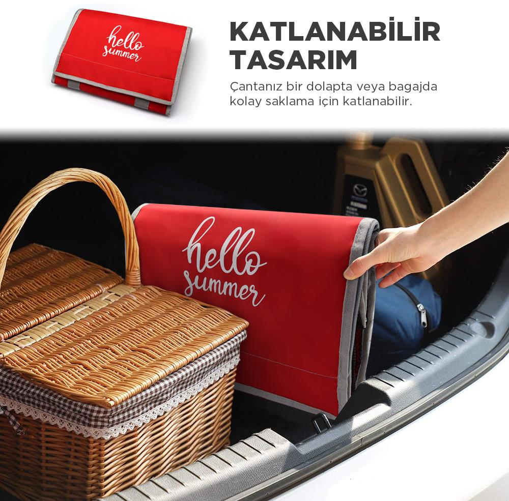 Bagajda piknik sepeti yanında "hello summer" yazılı kırmızı çanta.