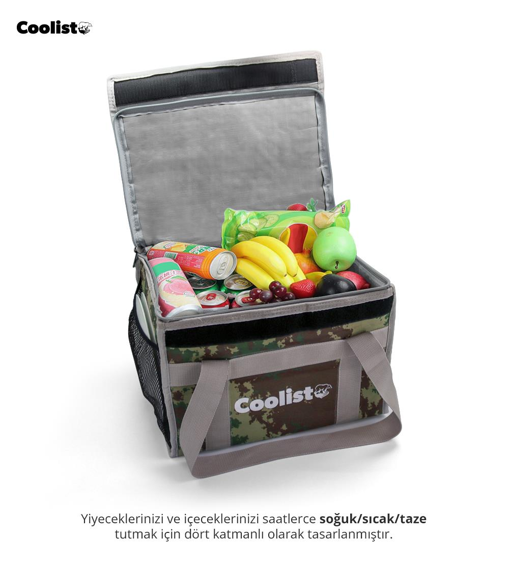 Meyve, kutular ve atıştırmalıklarla dolu açık soğutucu çanta.