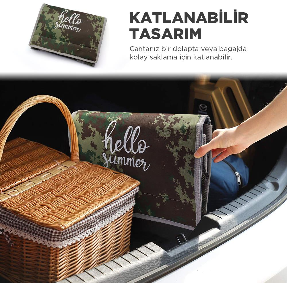 Hasır piknik sepeti ve üzerinde 'hello summer' yazan kamuflaj desenli çanta.