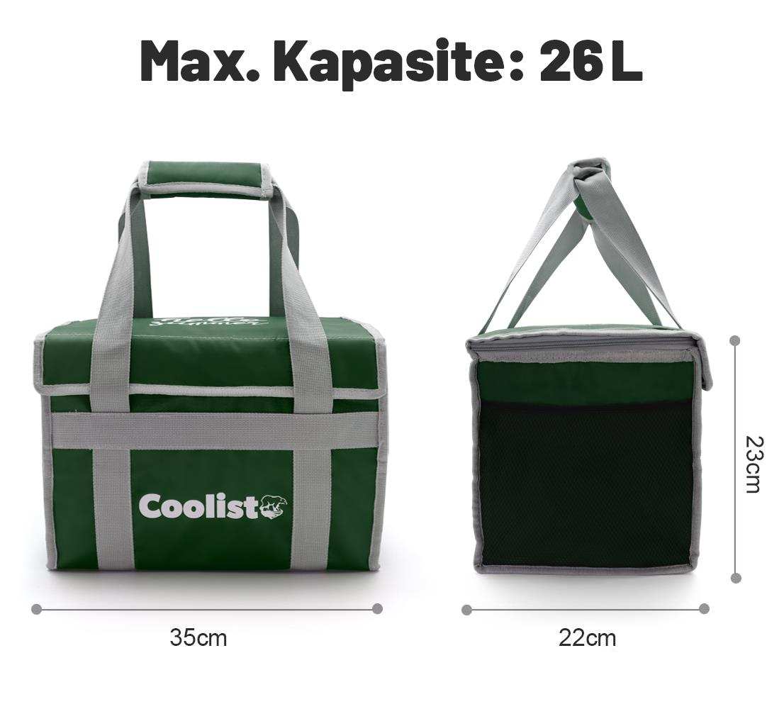 Yeşil ve gri termos çanta, 35cm en, 22cm derinlik, 23cm yükseklik. Maks. kapasite 26L.