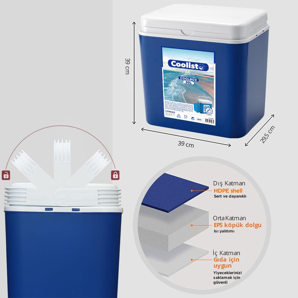 Beyaz saplı mavi 30L coolbox, boyutları 39x39x29,5cm.