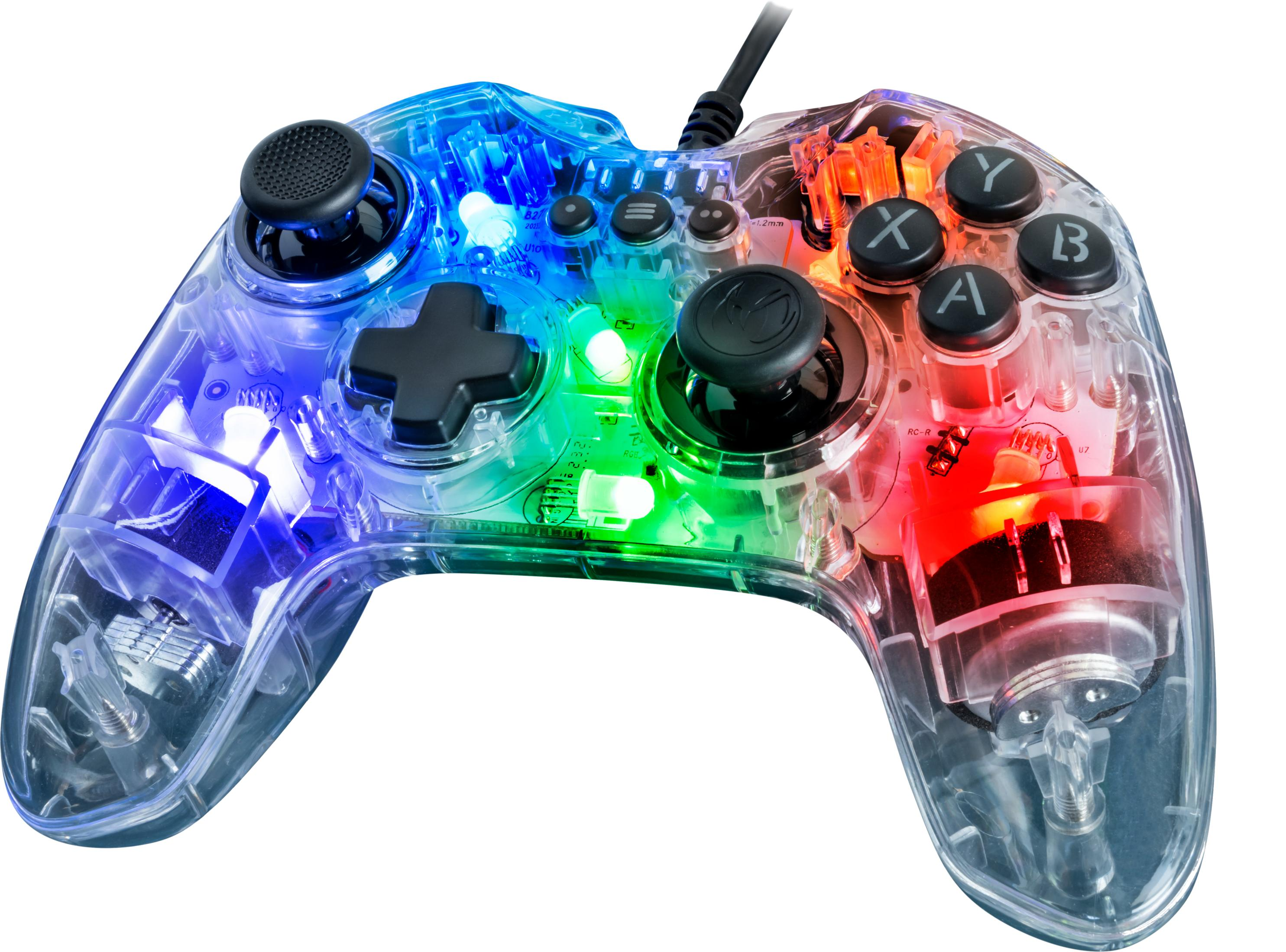 Durchsichtiger Controller mit bunten Lichtern und schwarzen Knöpfen.