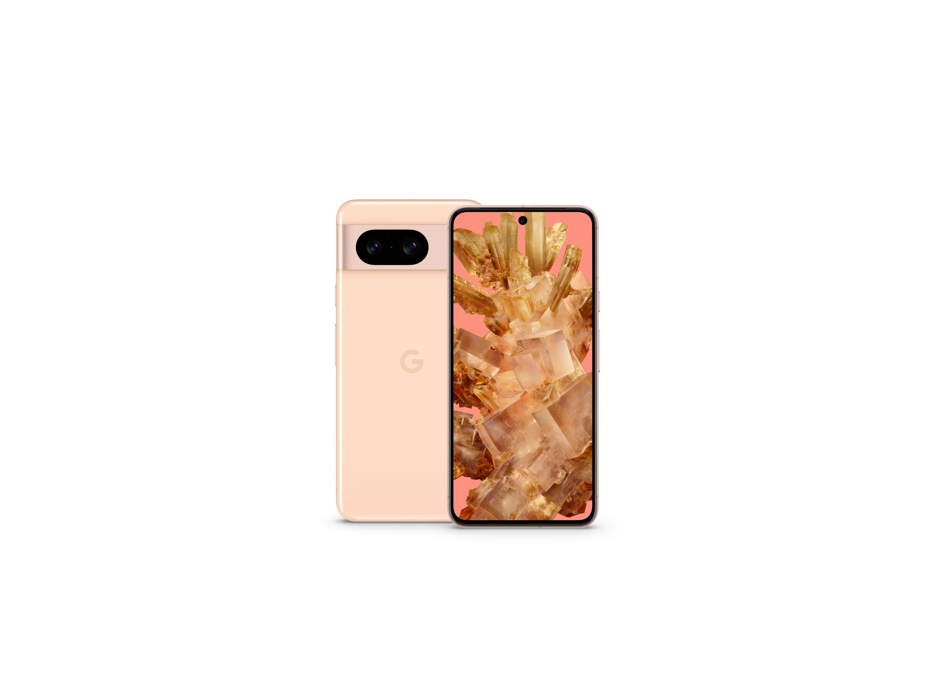 Un teléfono Google Pixel color melocotón, vistas frontal y trasera, sobre fondo blanco.