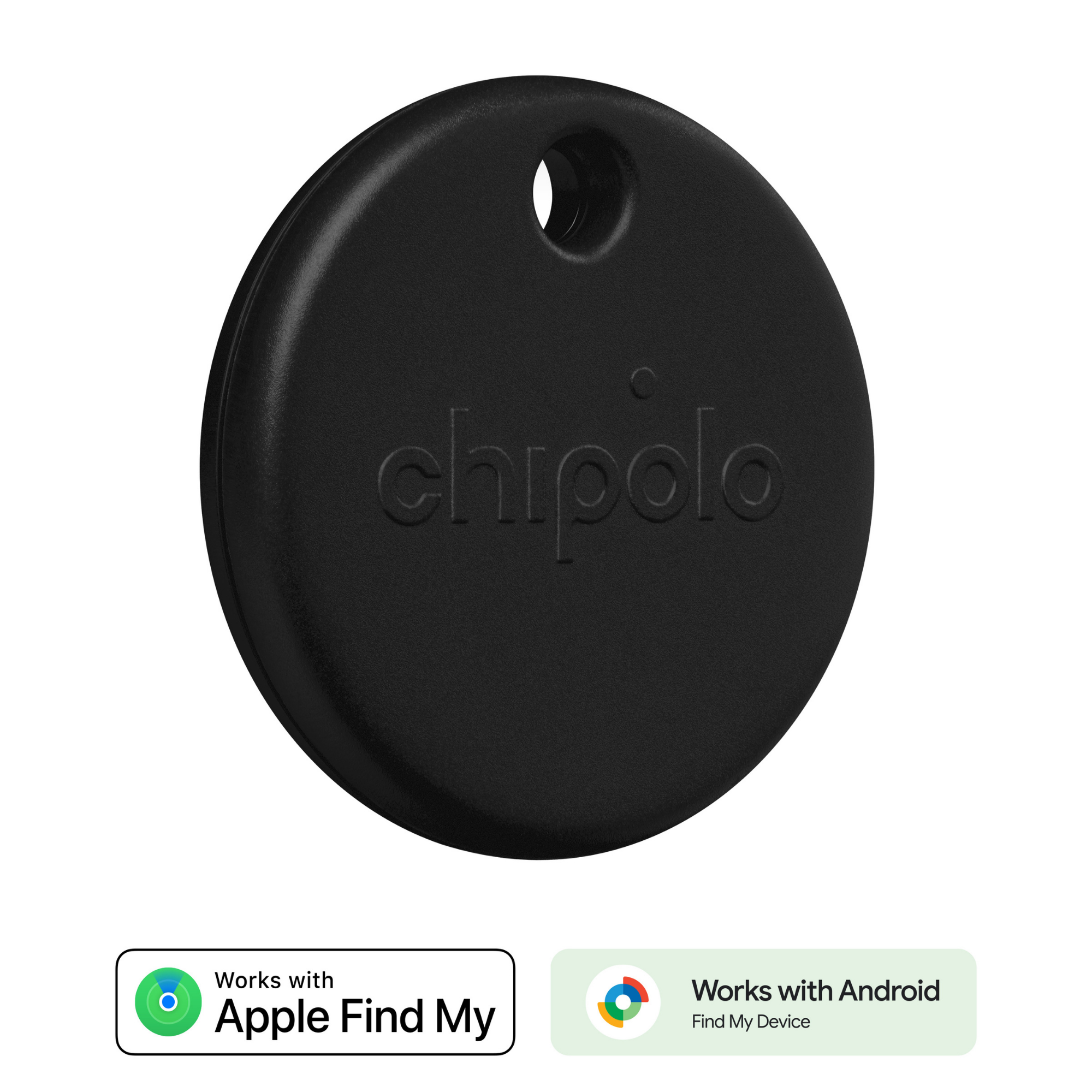 Black Chipolo tracker with a hole. Works with Apple Find My & Android.