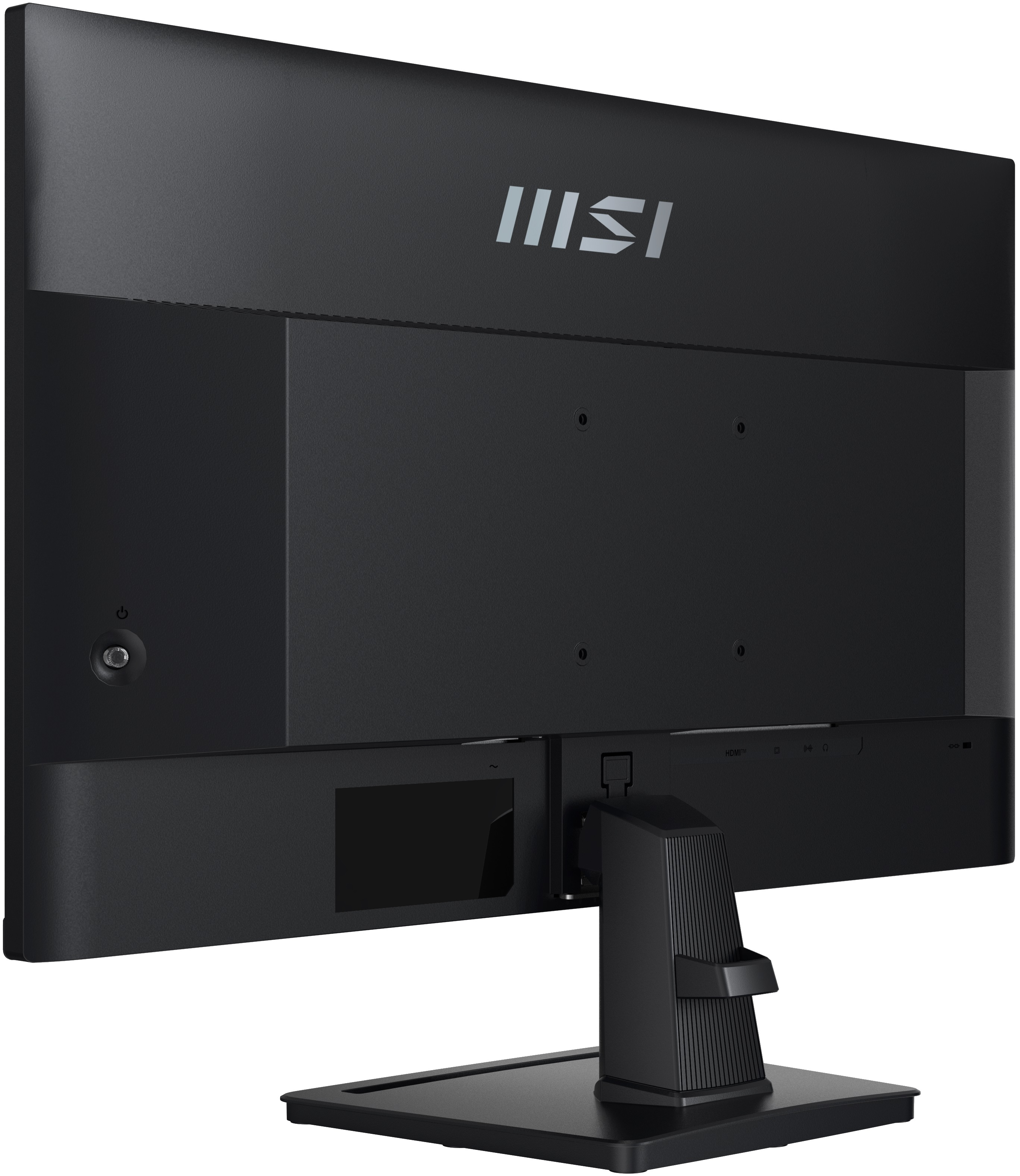 Bağlantı noktaları ve standı olan siyah MSI monitörün arka görünümü.