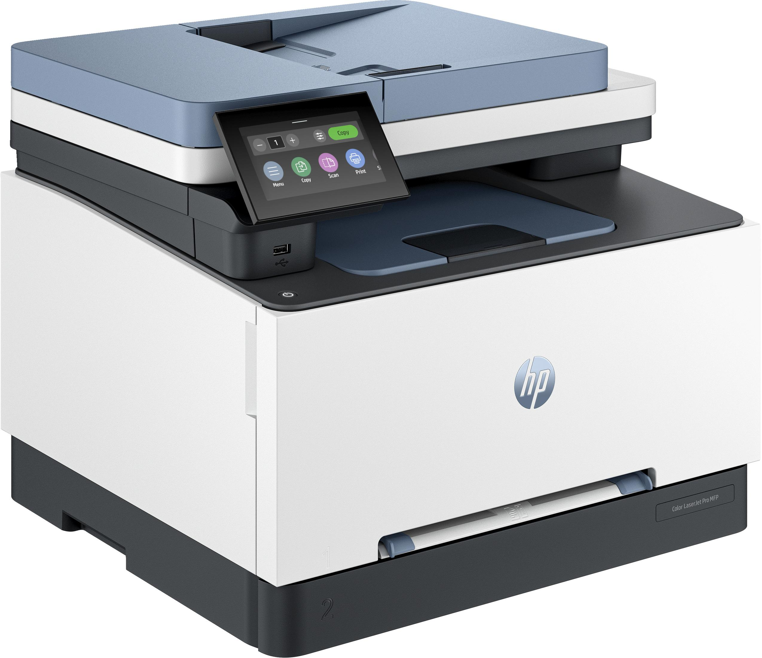 Ein HP Color LaserJet Pro MFP Drucker mit Touchscreen-Display.