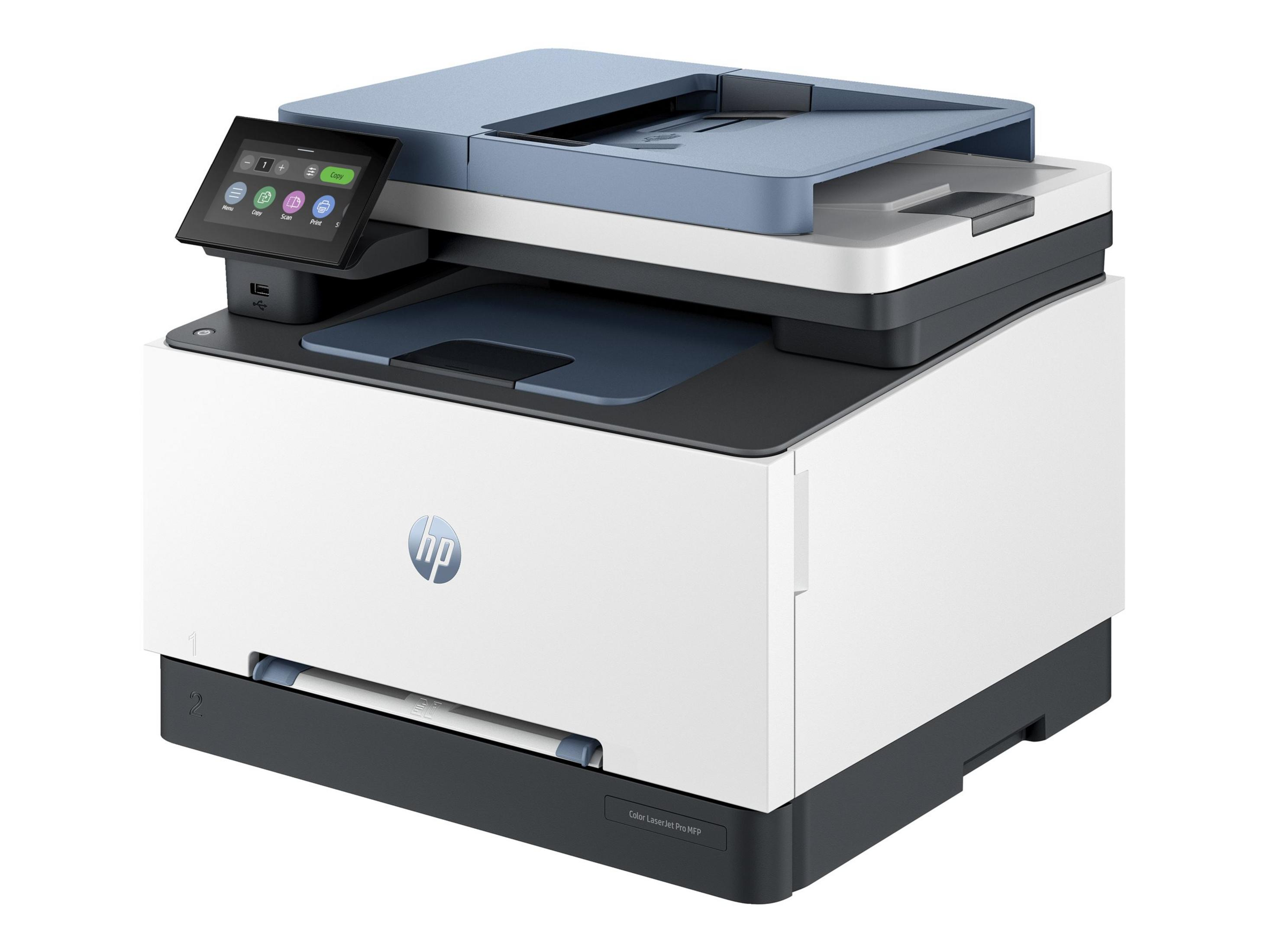 Ein weißer Laserdrucker mit blauem Deckel und Touchscreen.