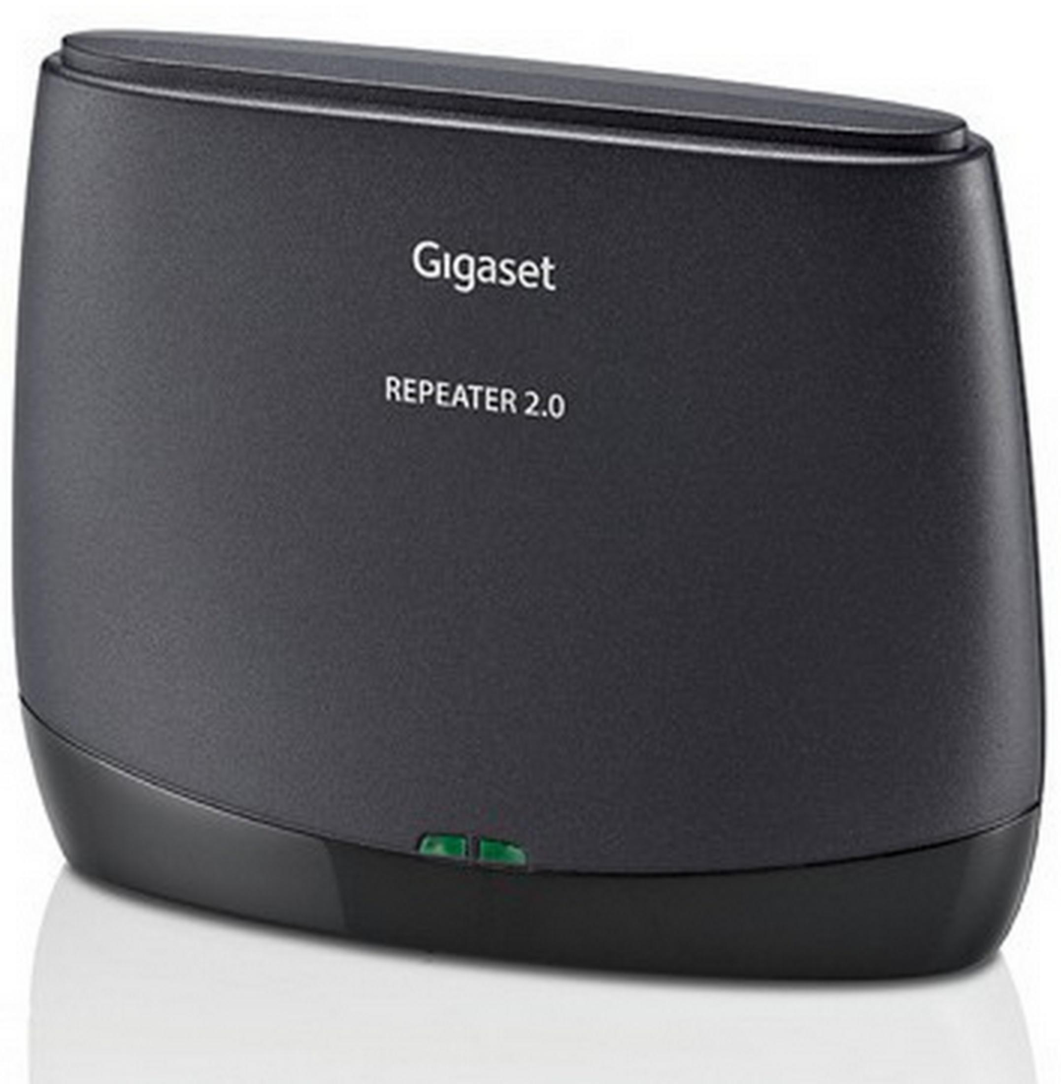 Un ripetitore Gigaset 2.0 nero con due spie verdi.