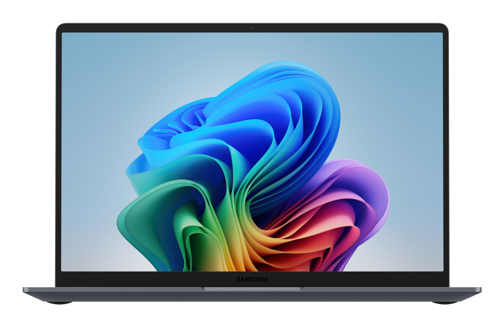 Un laptop aperto mostra uno sfondo astratto colorato sullo schermo.