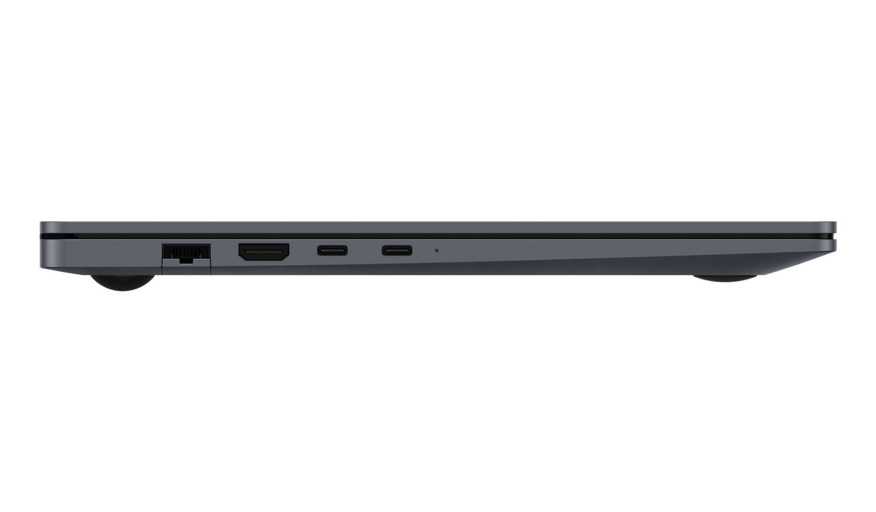 Lato di un laptop scuro che mostra le porte: Ethernet, HDMI e due USB-C.