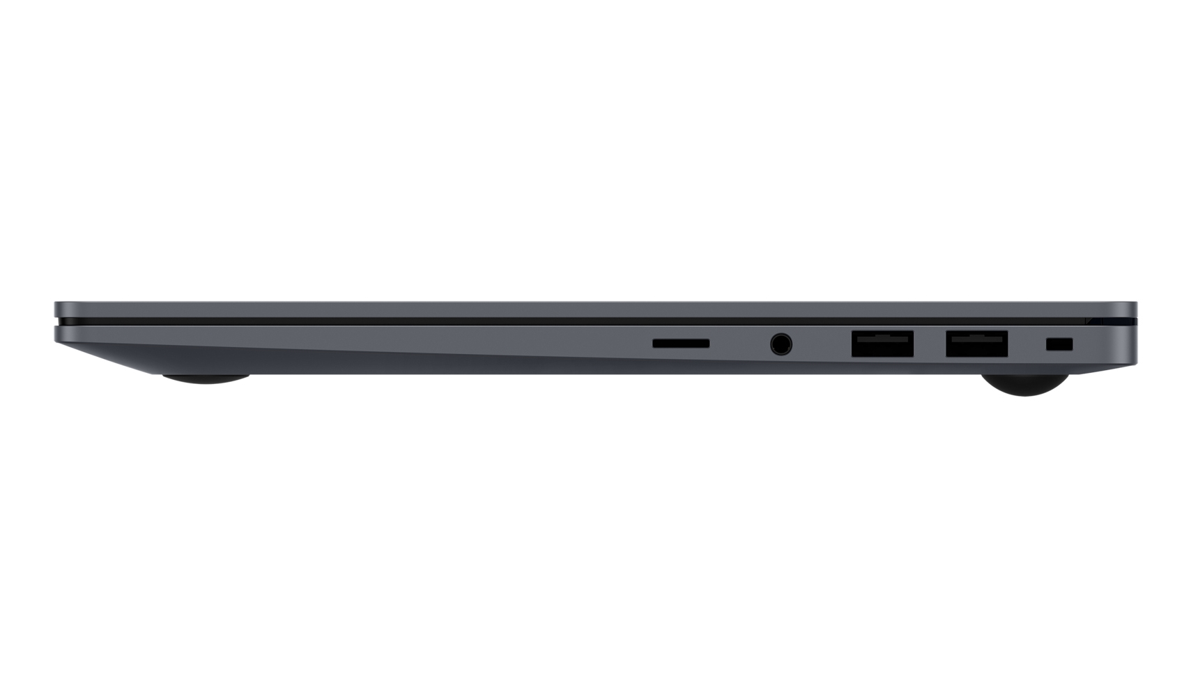 Vista laterale di un laptop scuro, con porte: USB, jack audio, slot SD.