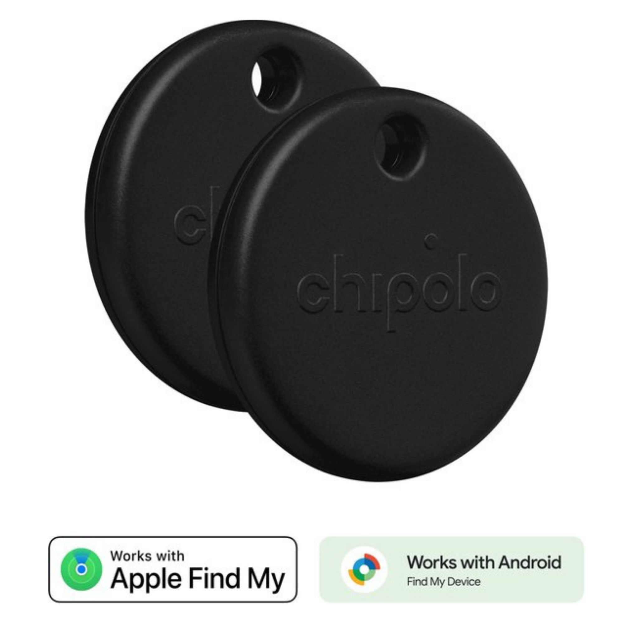 Two black, round Chipolo trackers with holes for keychains.