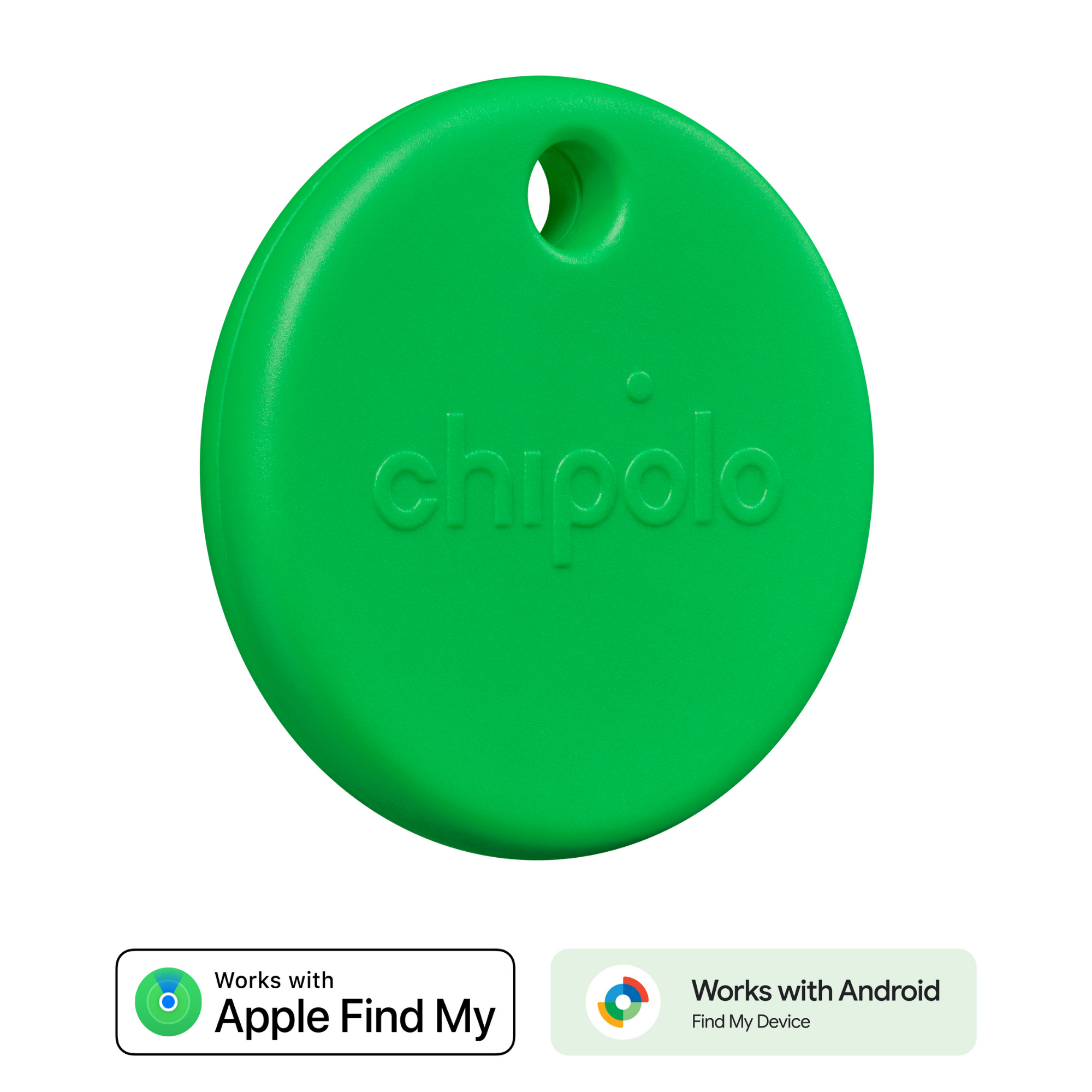 A round, green Chipolo tracker with a hole for a keychain.