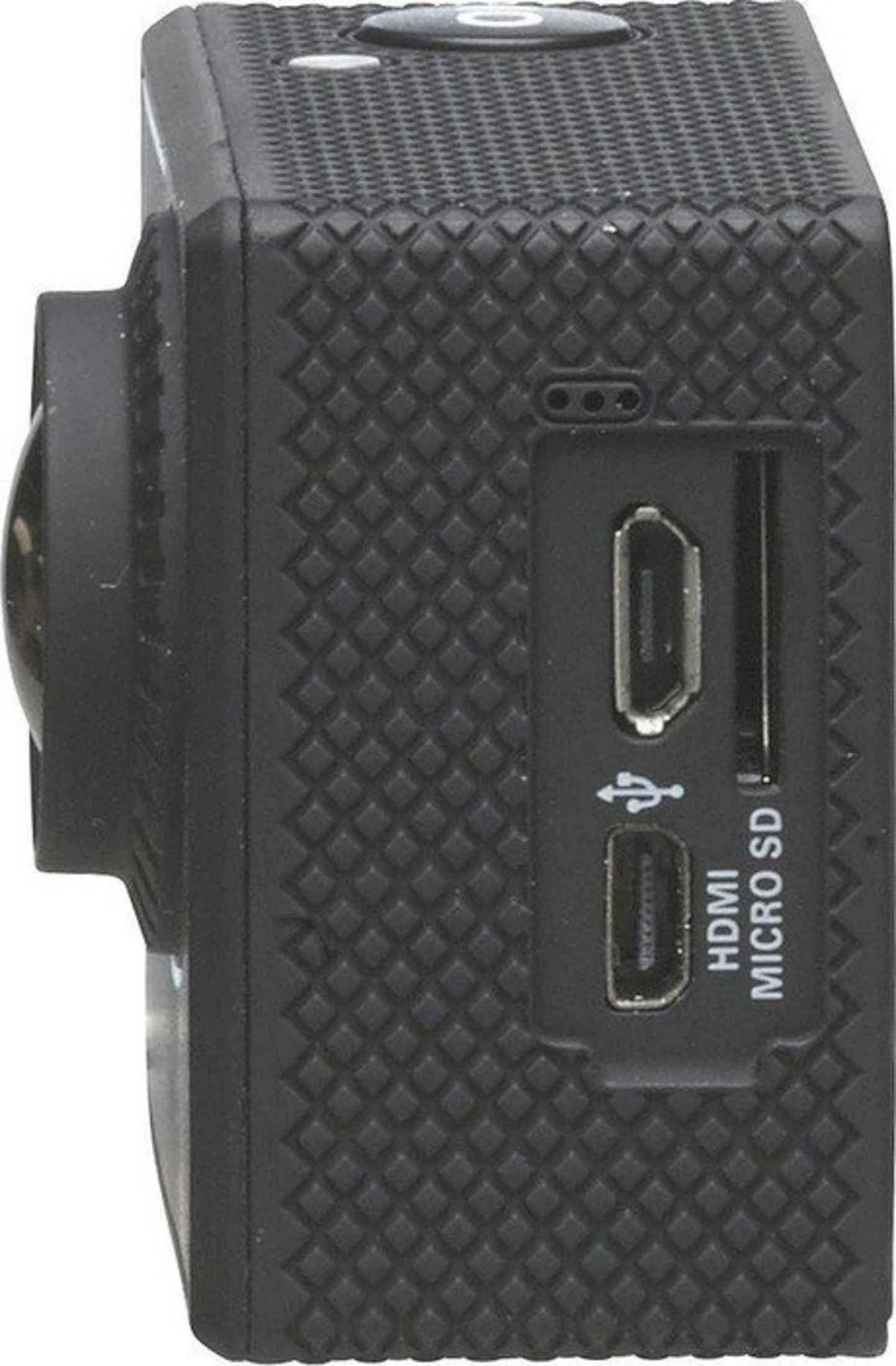 Czarna kamera sportowa pokazująca porty HDMI, USB i micro SD z boku.