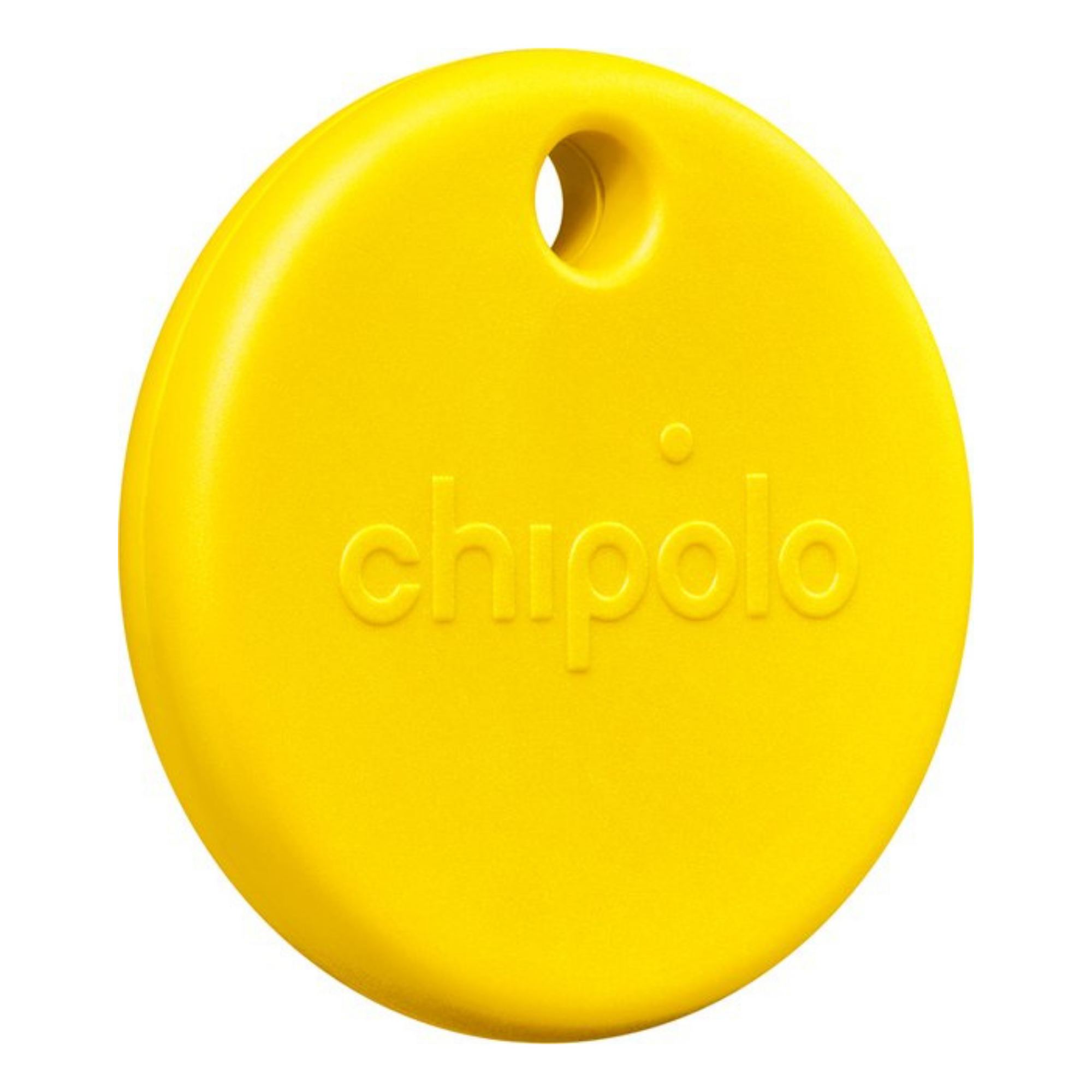 A yellow Chipolo tracker with a hole for hanging.