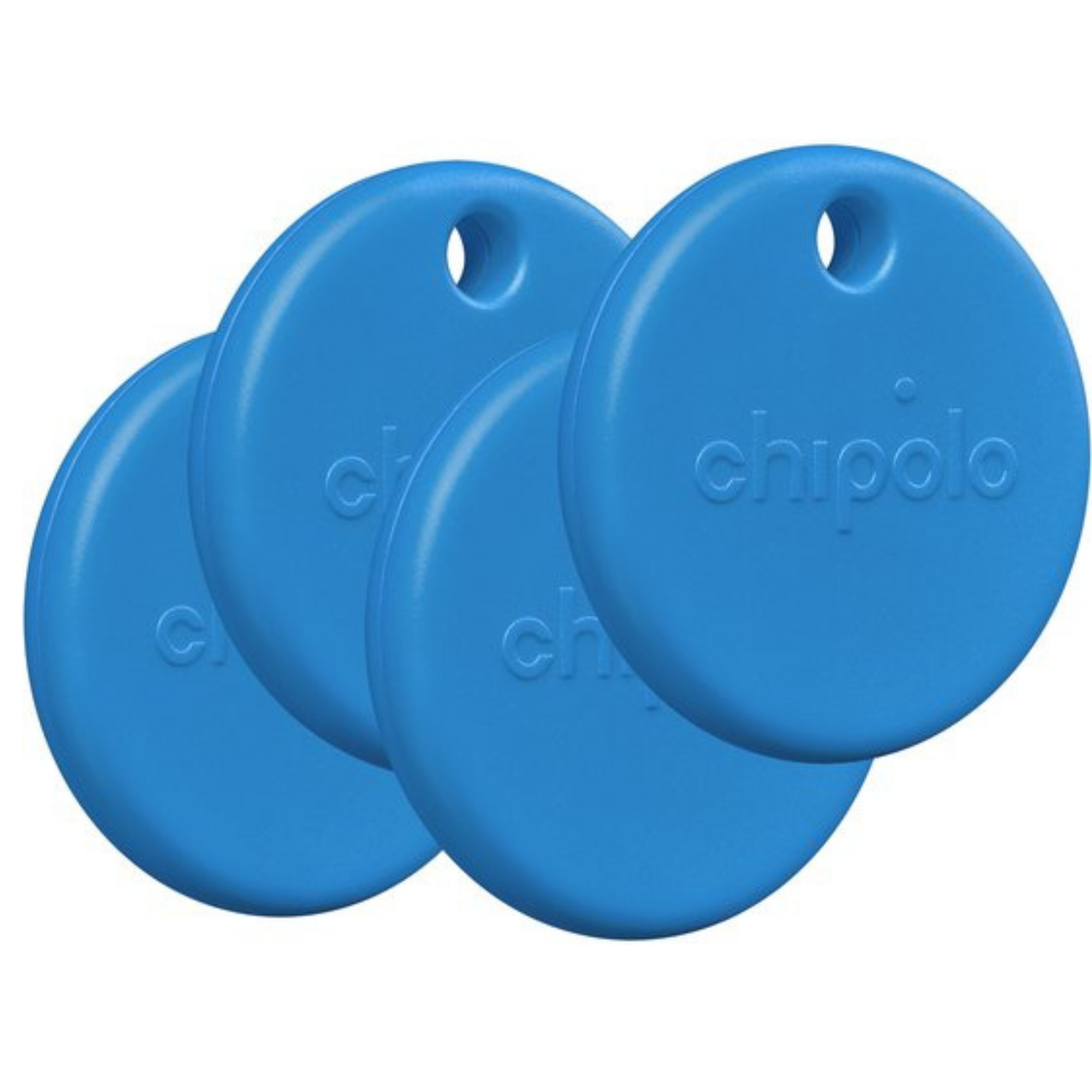 Vier blauwe Chipolo trackers liggen naast elkaar op een witte achtergrond.
