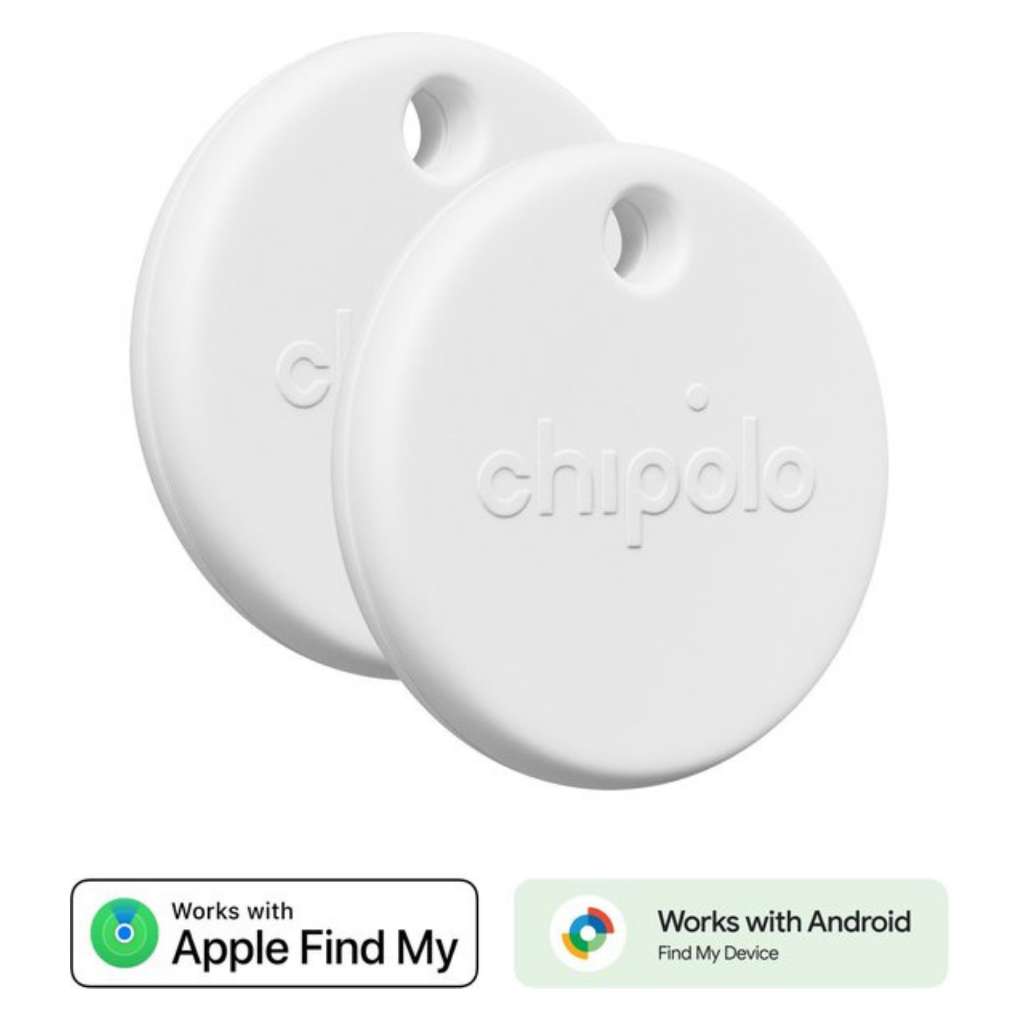 Two white Chipolo trackers with holes, one partially behind the other.