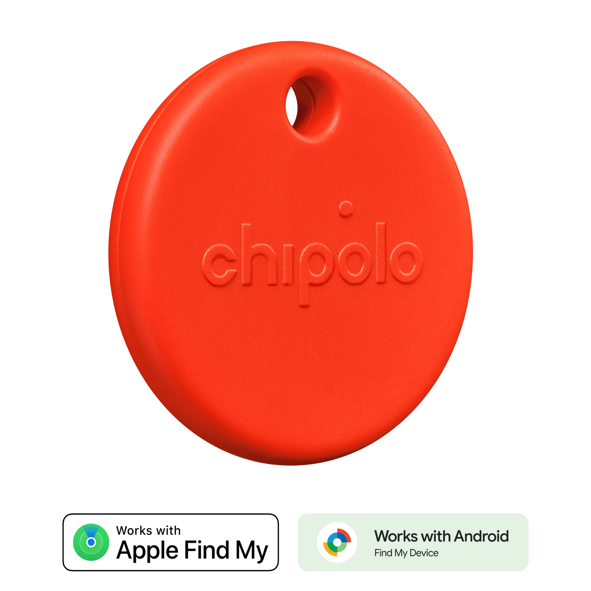 A bright orange Chipolo tracker with a hole, works with Apple and Android.