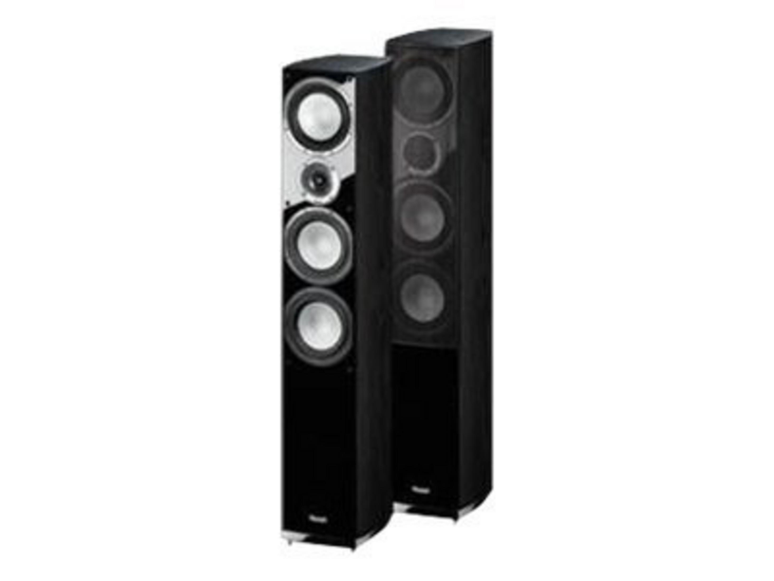 Dos altavoces negros de pie con conos plateados sobre fondo blanco.